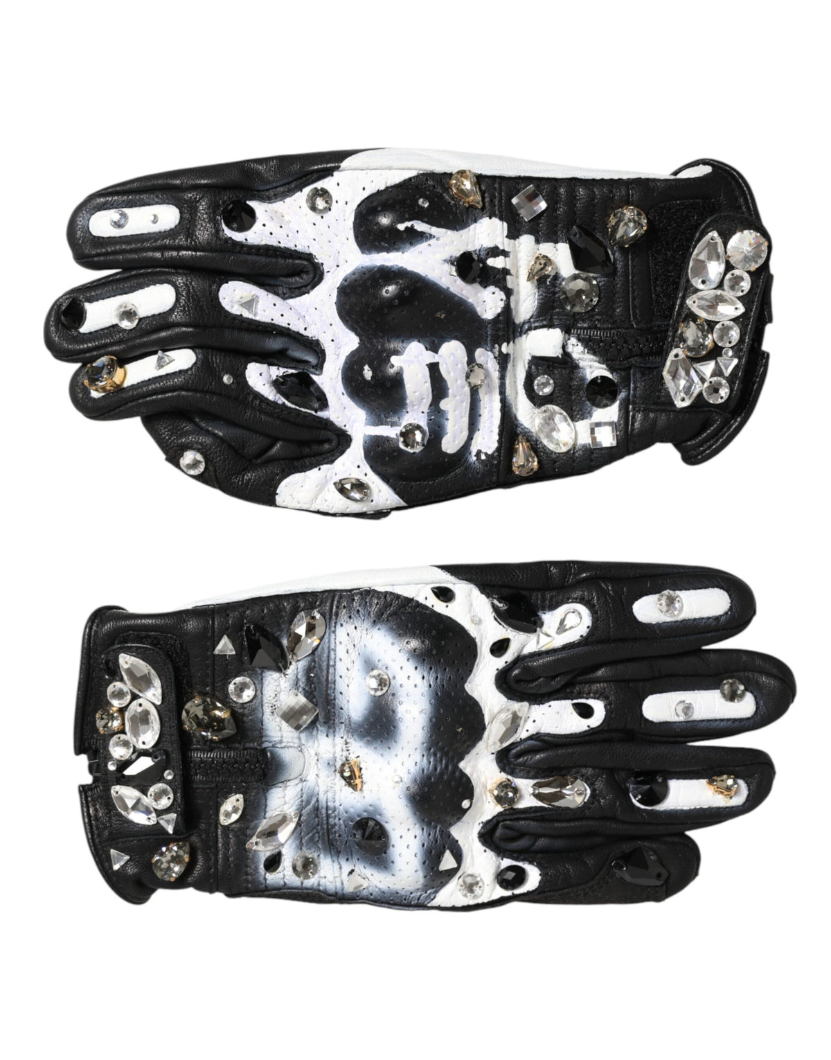 Dolce & Gabbana Gloves Black White Crystal Wrist Length Mitten Gloves