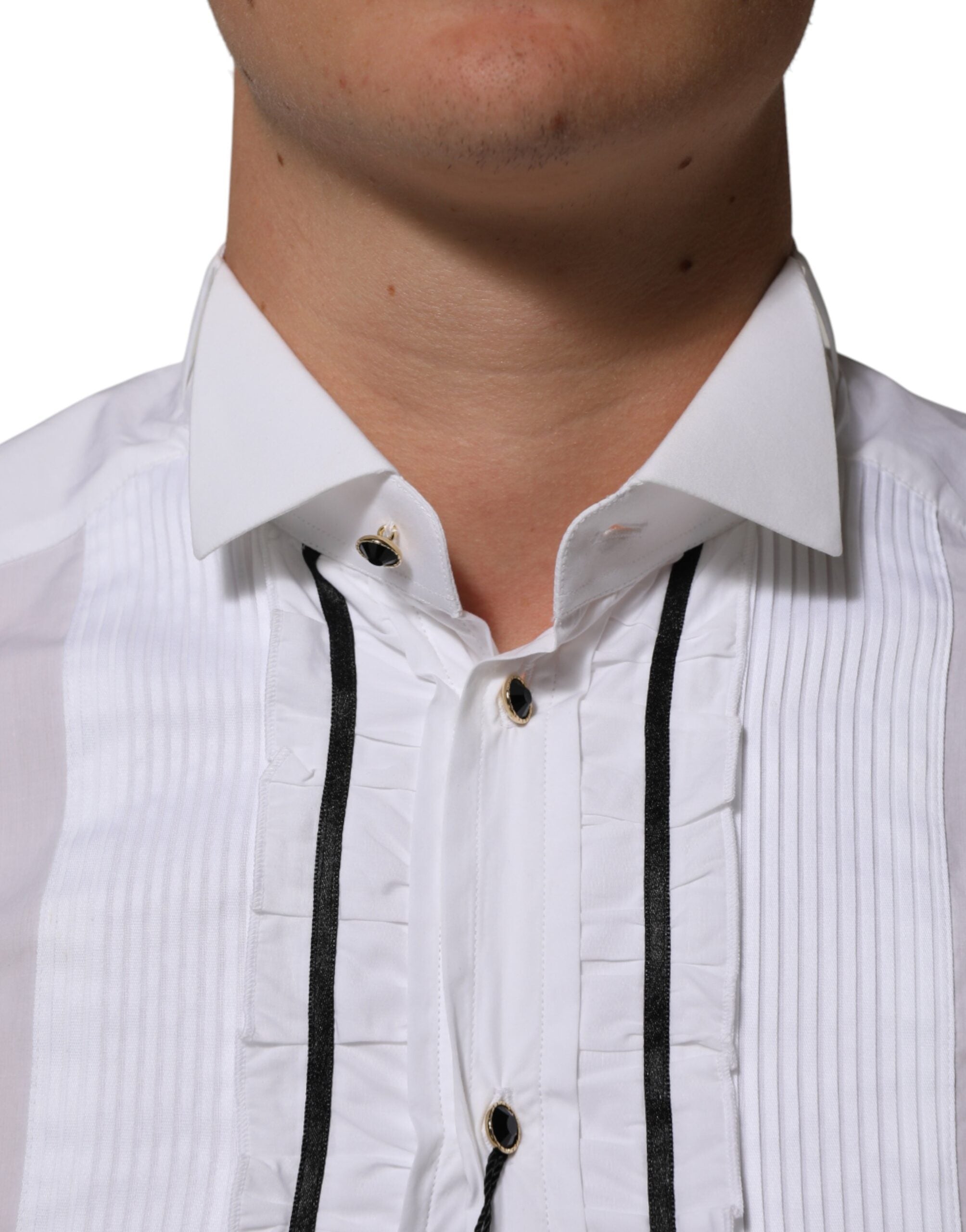 قميص دولتشي آند غابانا أبيض قطني بأكمام طويلة وياقة ذهبية