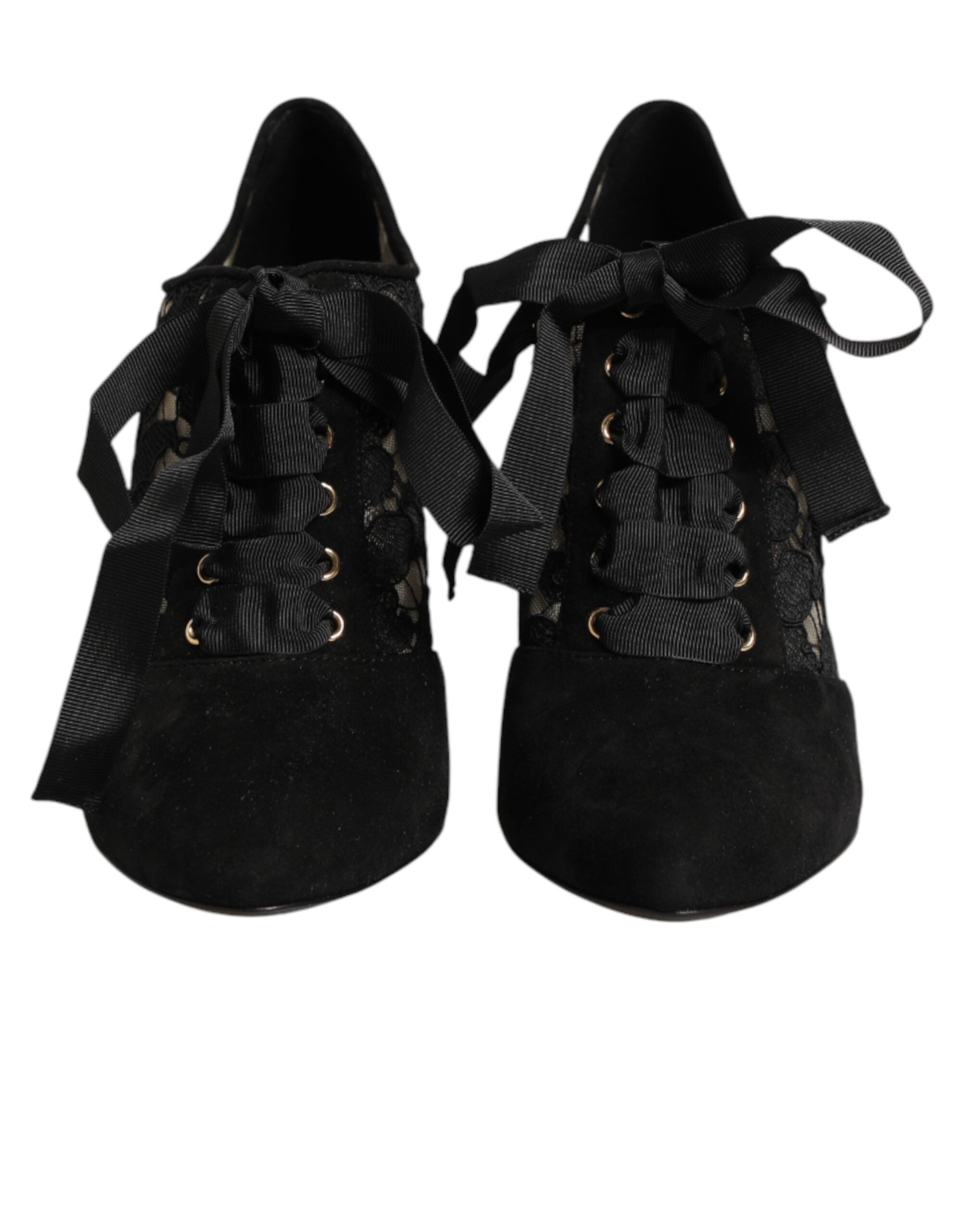 Dolce & Gabbana Black Floral High Heels LACE-UPS Pumps Shoes