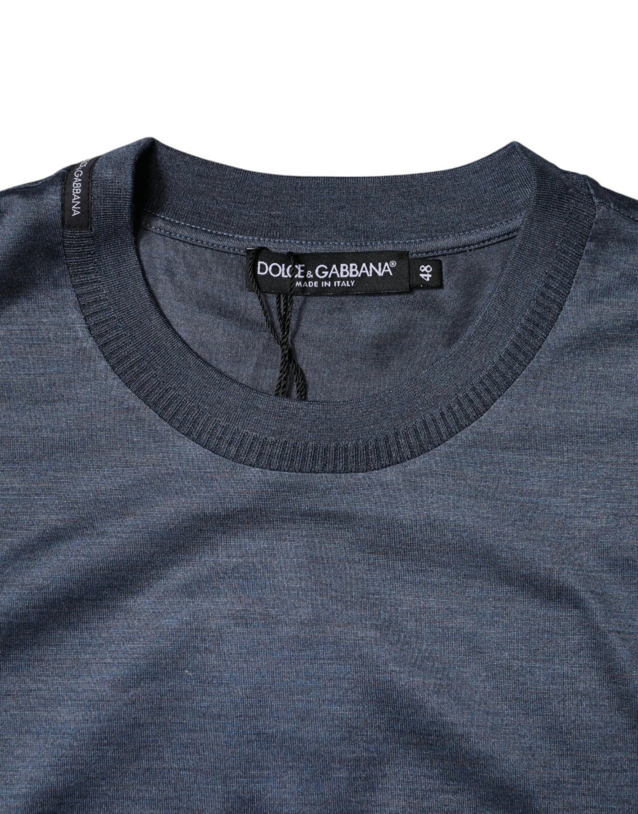 تيشيرت رجالي من دولتشي آند غابانا، أزرق من الحرير، بياقة دائرية وأكمام قصيرة