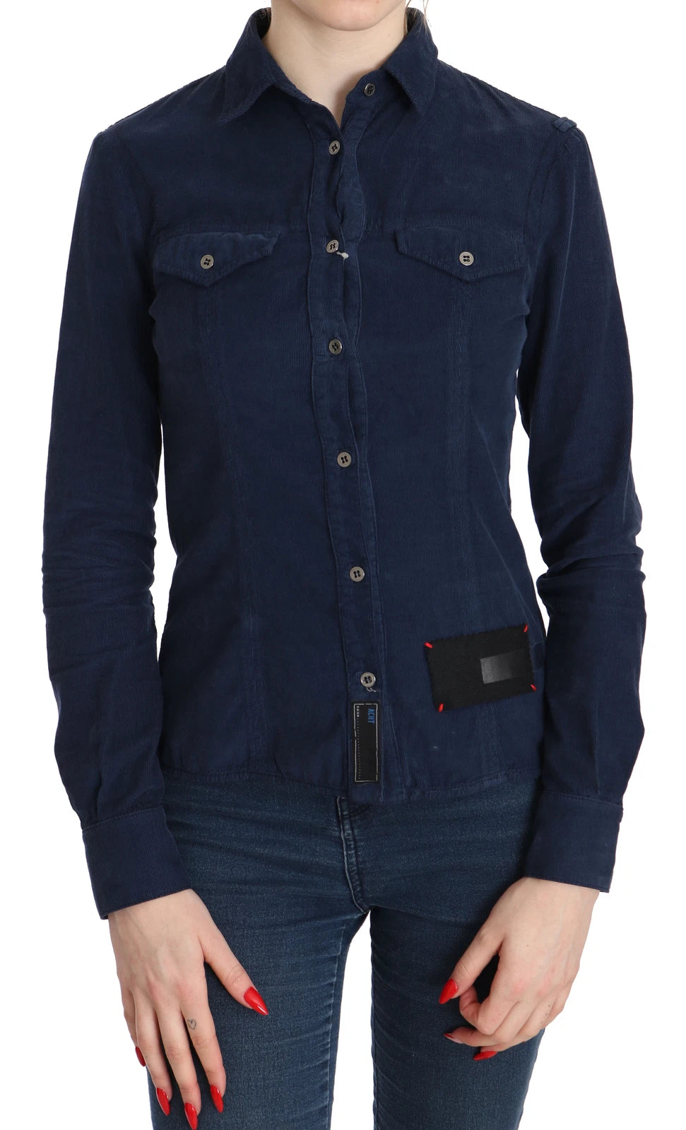 بلوزة وقميص بأكمام طويلة من قماش مخملي أزرق من Acht Cotton