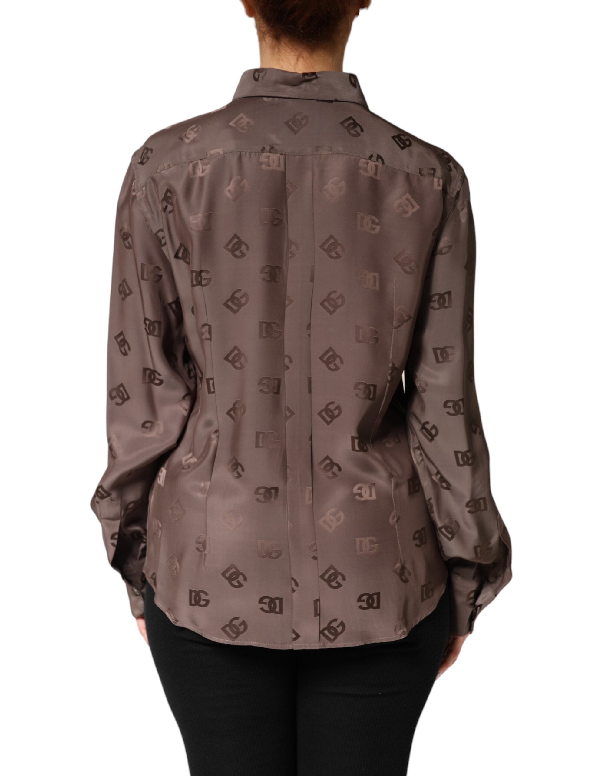 قميص دولتشي آند غابانا بني بأكمام طويلة وياقة وشعار