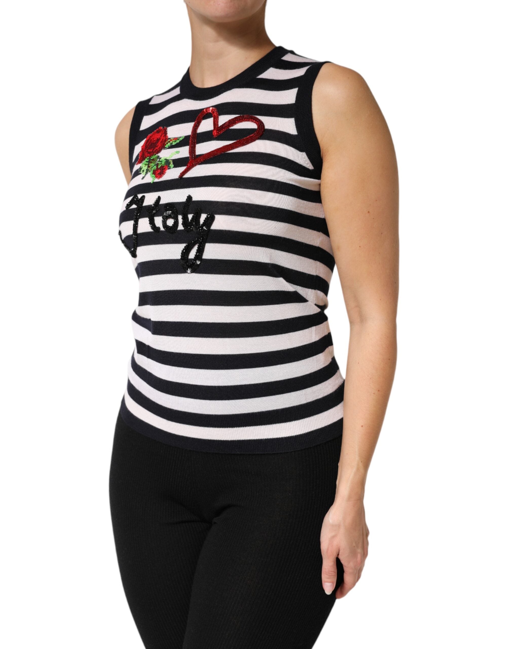 بلوزة دولتشي آند غابانا بدون أكمام من الحرير الكشمير باللونين الأبيض والأسود