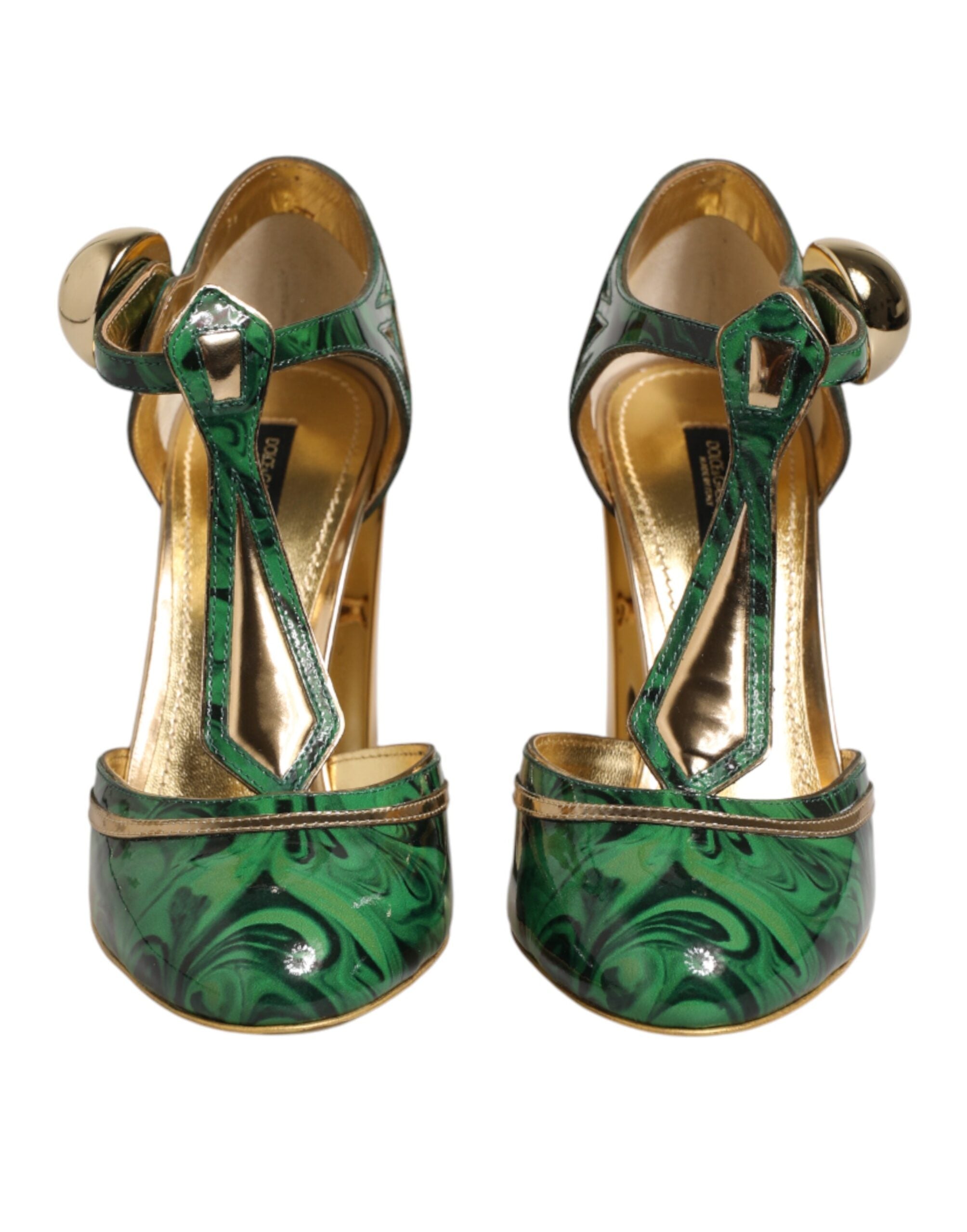 Dolce & Gabbana Green Leather T-STRAPS Heels Sandals Shoes
