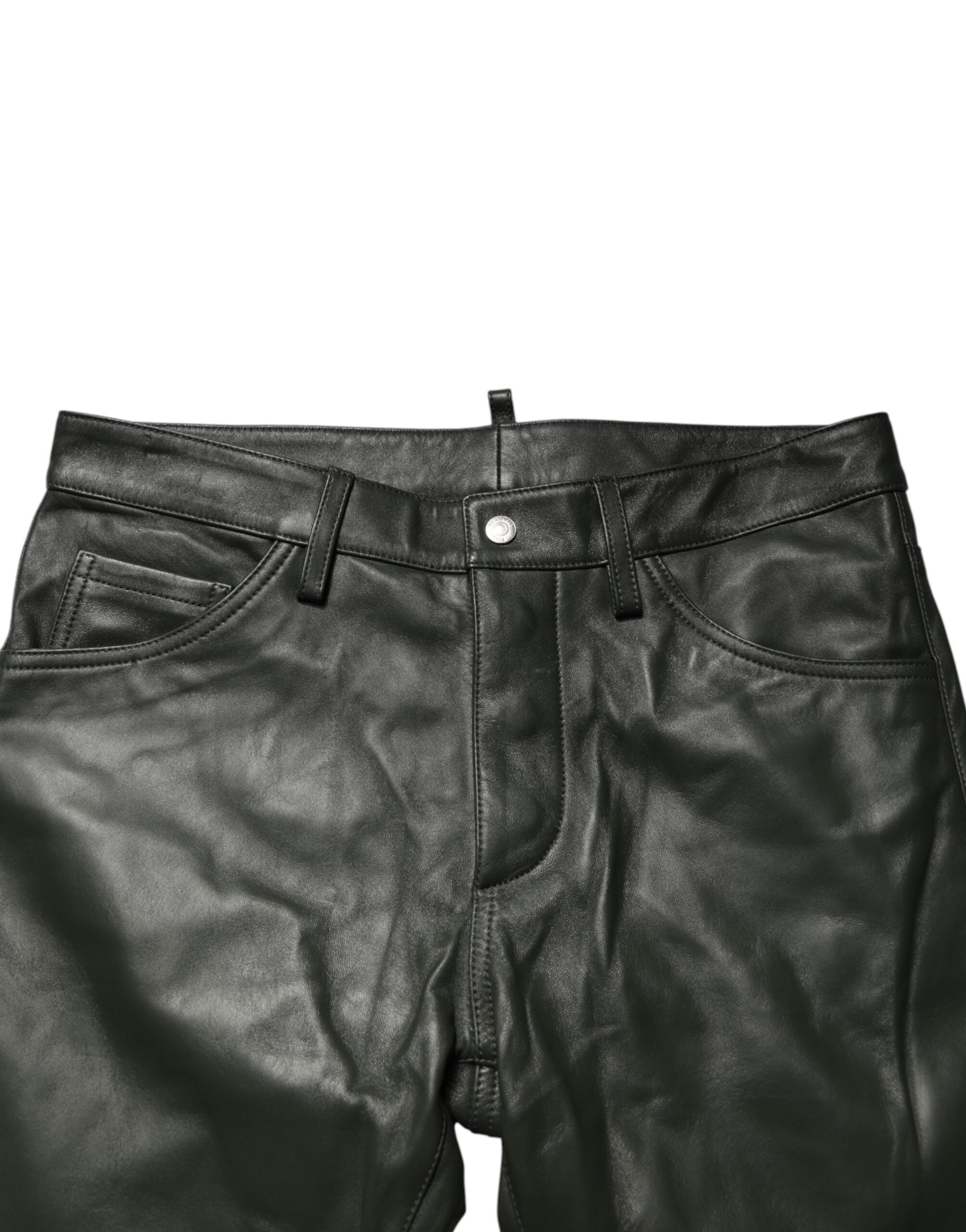 Dsquared² Black Full Grain Leather Mid Waist Trouser Pants