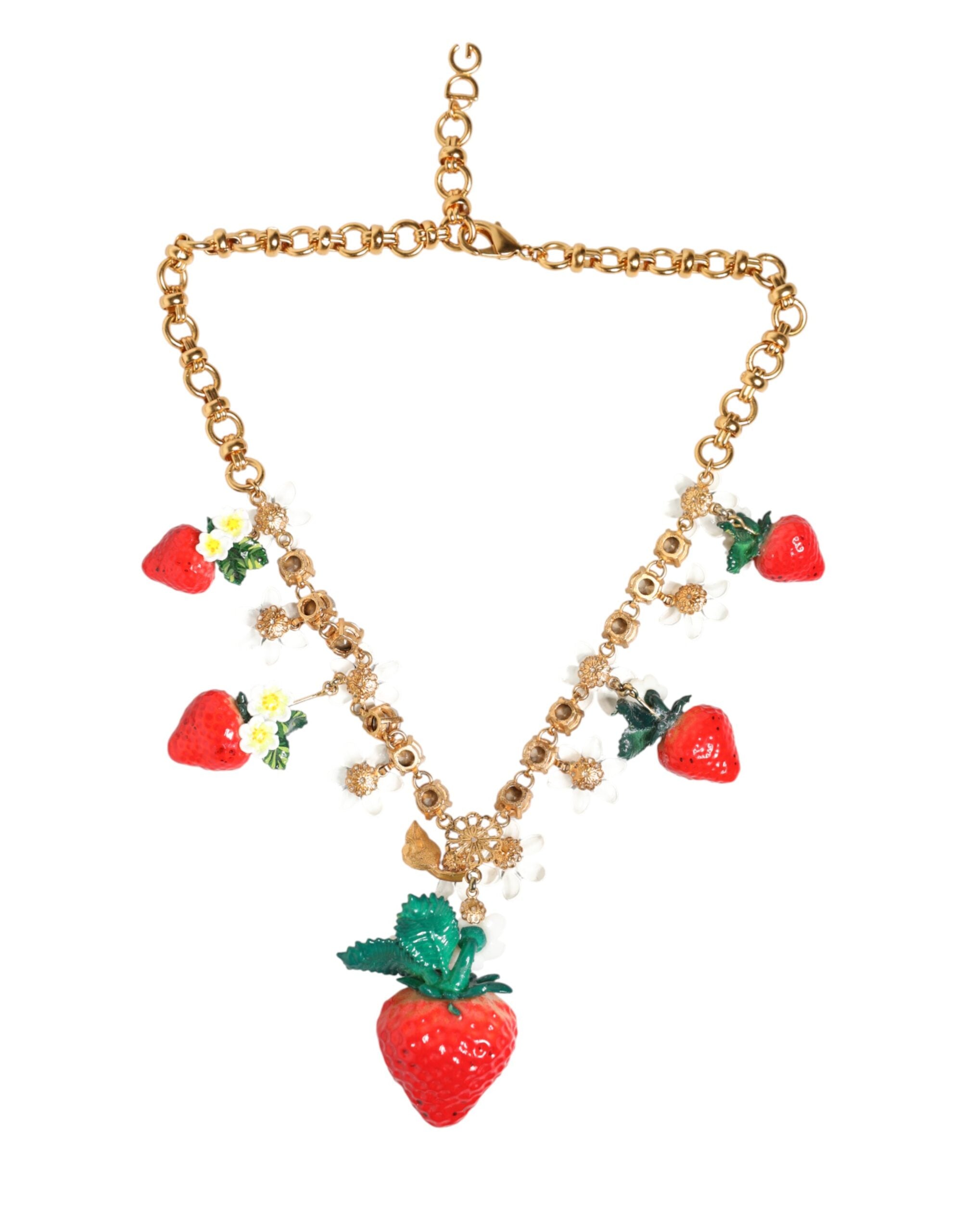 Dolce & Gabbana Gold Brass FRUIT Pendants Flowers Crystal Logo Necklace