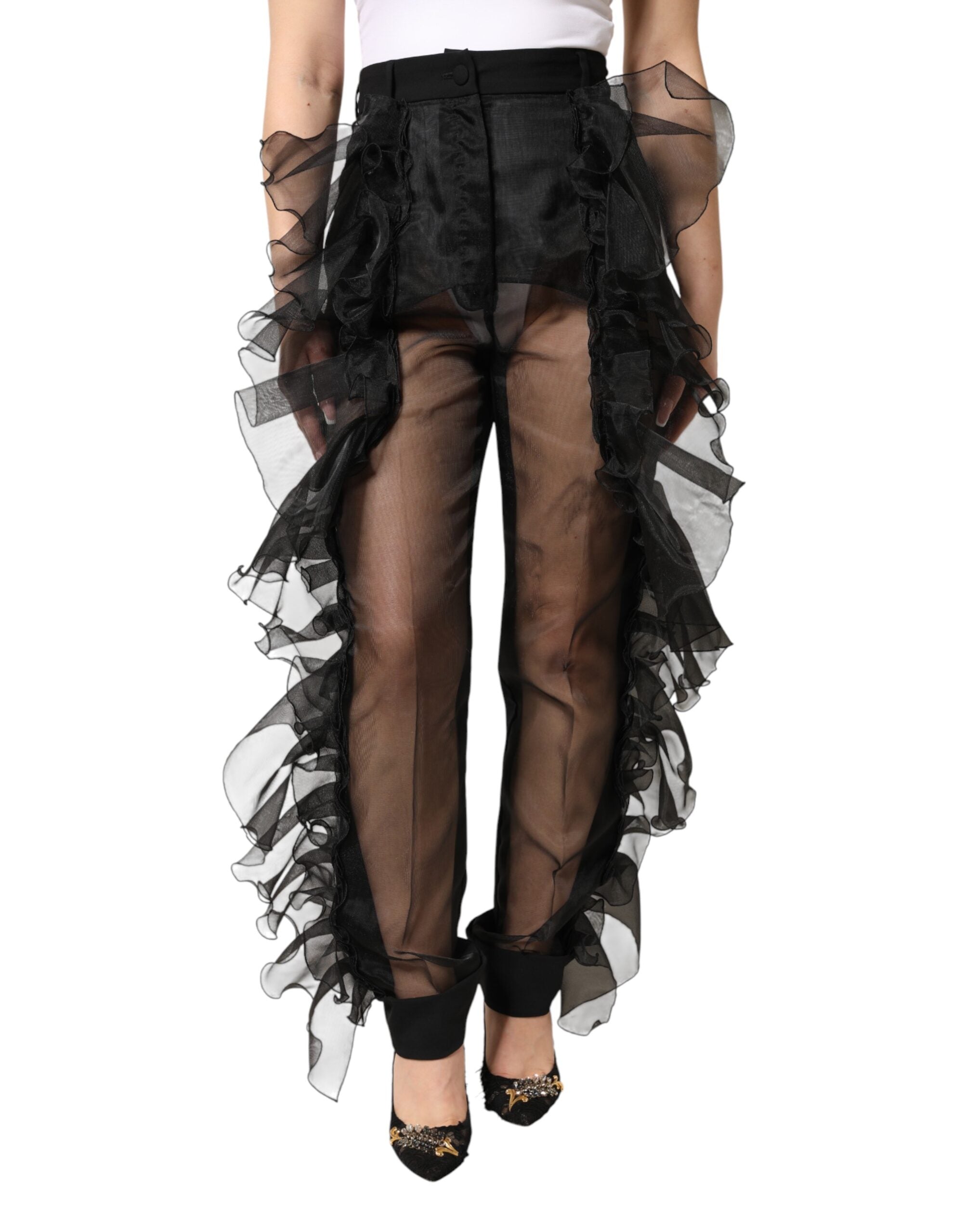 Dolce & Gabbana Black High Waist Tulle Wool Trouser Pants