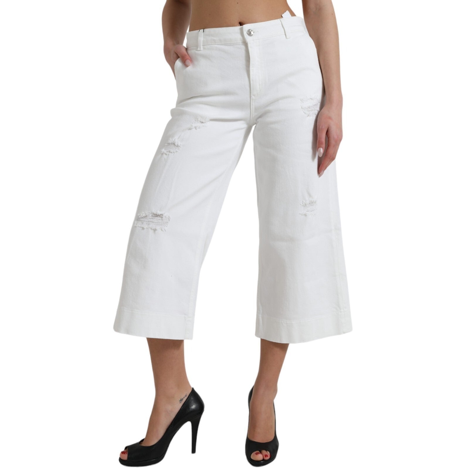 Dolce & Gabbana Wide Leg White Cotton Cropped Denim Jeans