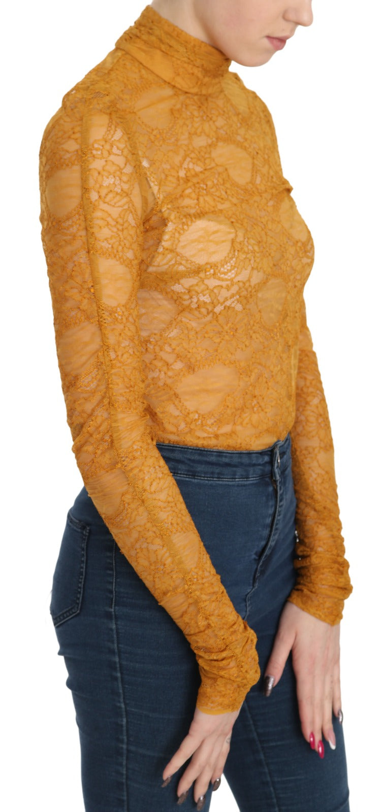 بلوزة دانتيل بأكمام طويلة وياقة مدورة بلون الخردل من مانجانو