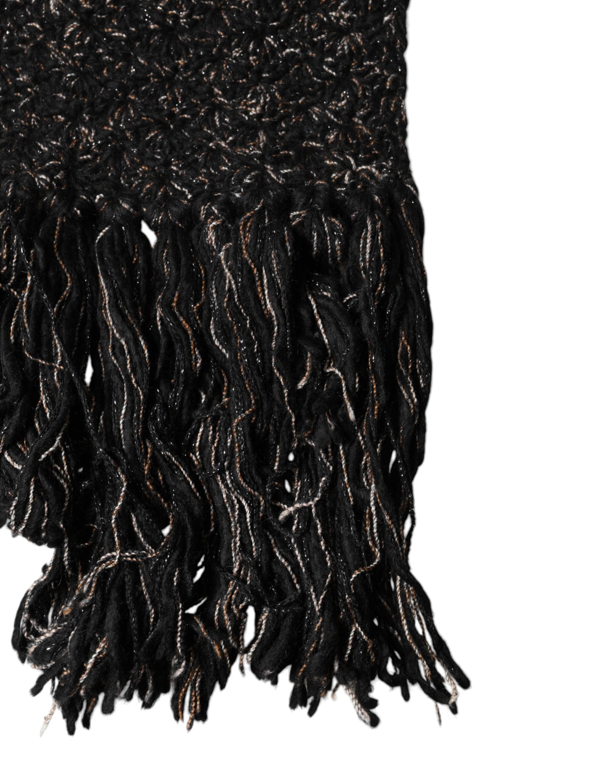 Dolce & Gabbana Black Wool Fringes Neck Wrap Foulard Scarf - Luxe Marca