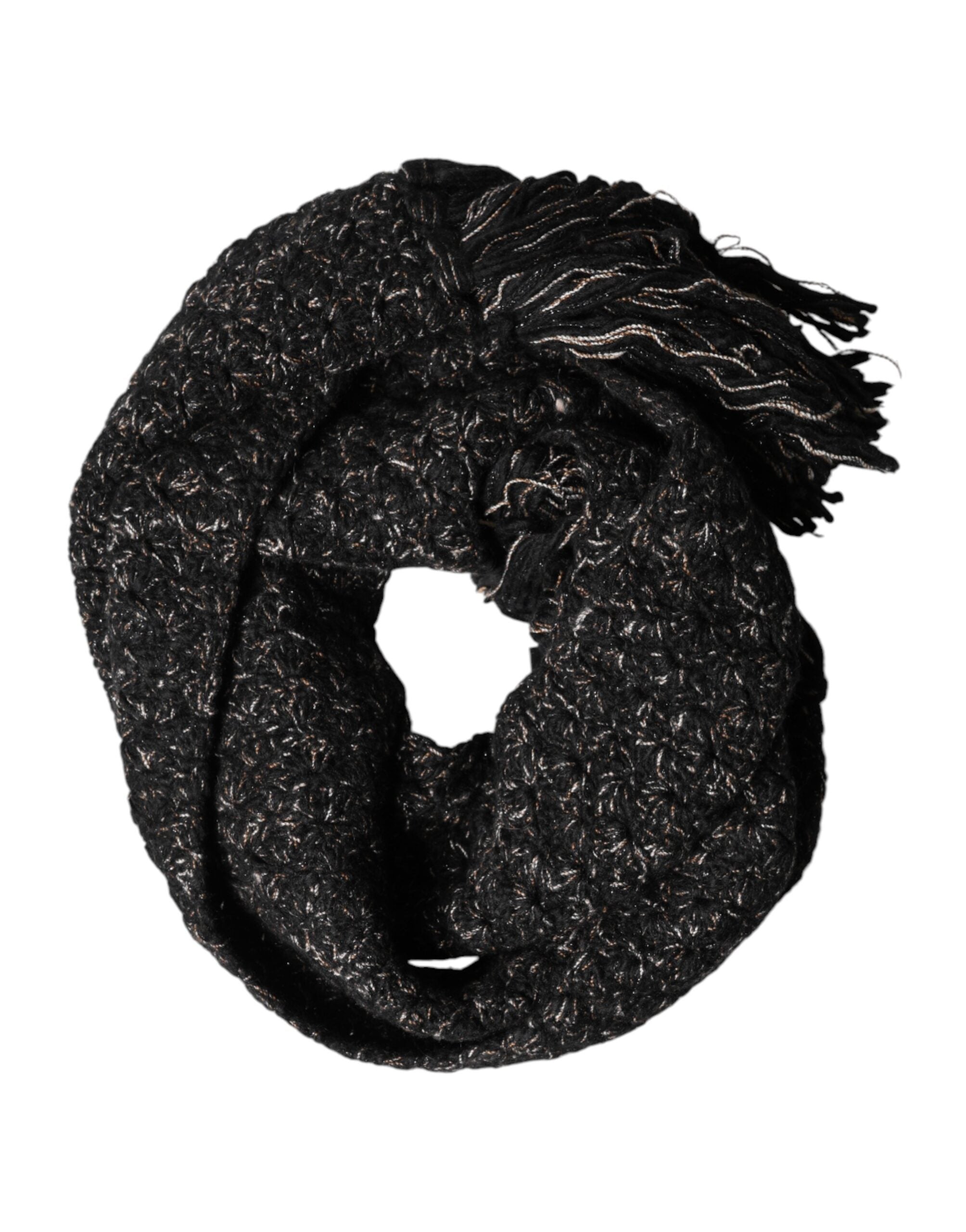 Dolce & Gabbana Black Wool Fringes Neck Wrap Foulard Scarf - Luxe Marca