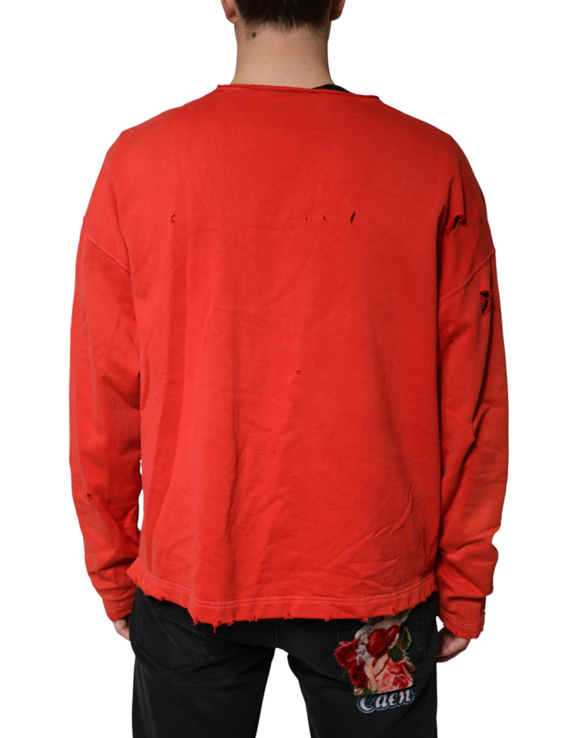 Dolce & Gabbana Red Distressed Cotton V-Neck Sweatshirt Men Sweater