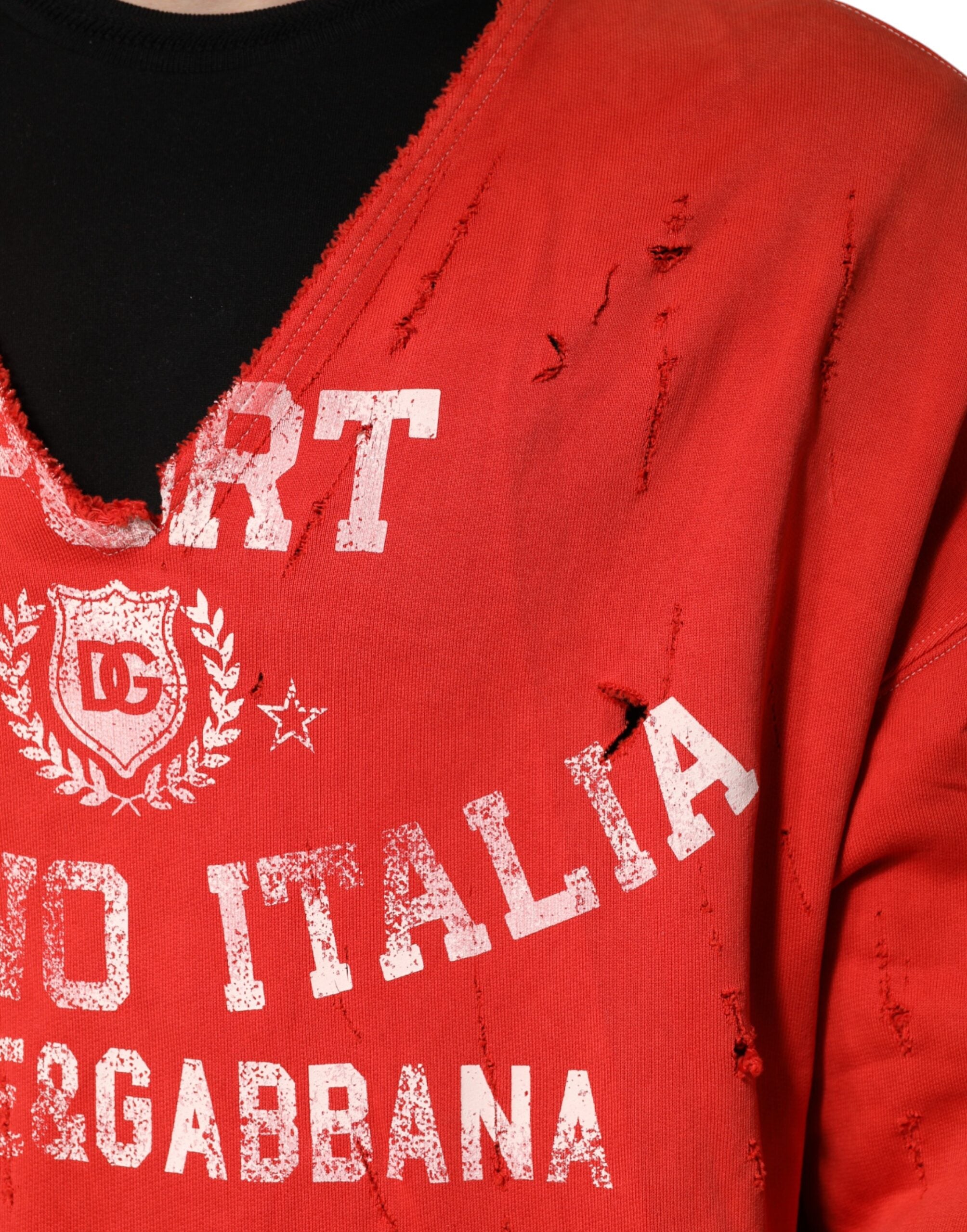 Dolce & Gabbana Red Distressed Cotton V-Neck Sweatshirt Men Sweater