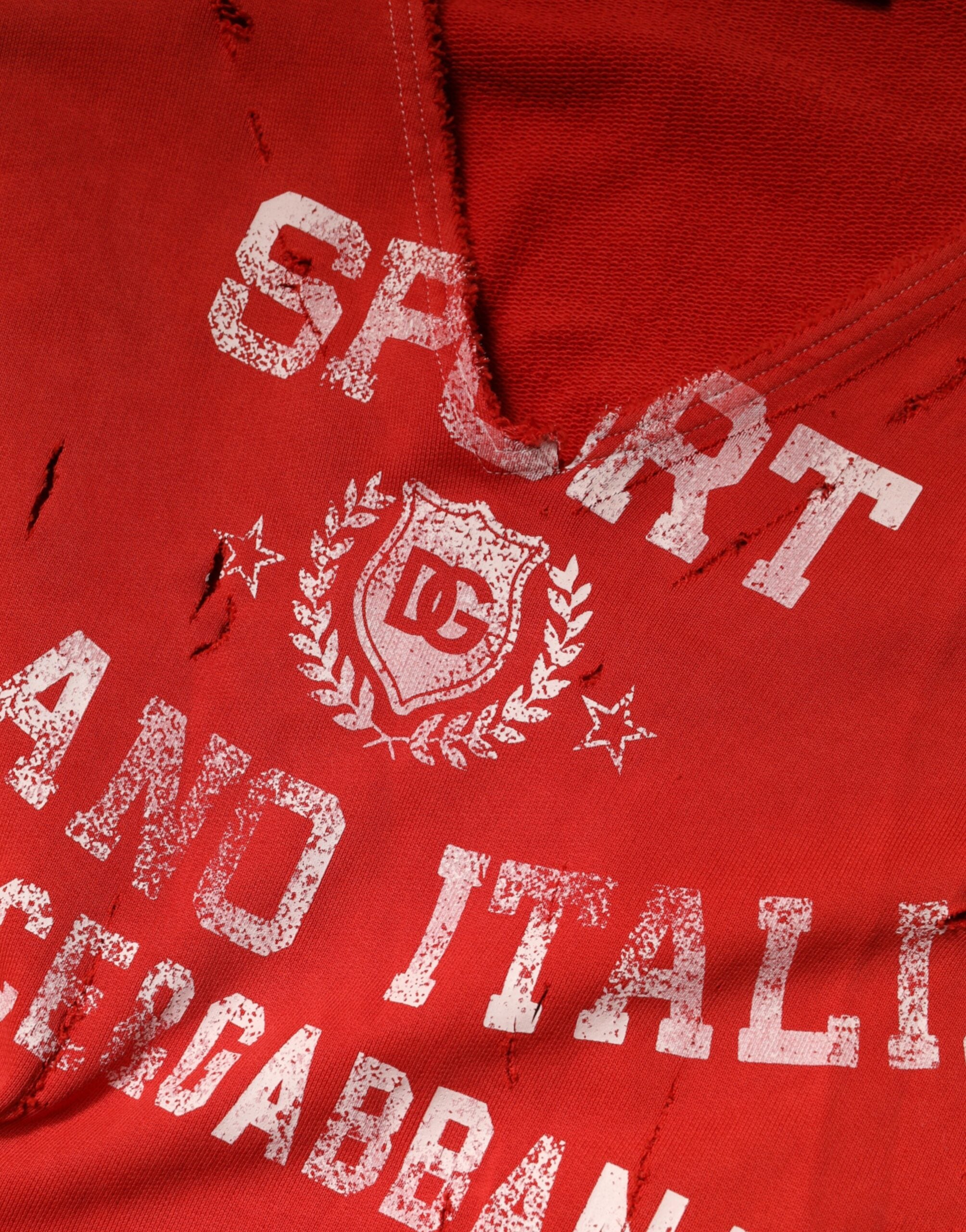 Dolce & Gabbana Red Distressed Cotton V-Neck Sweatshirt Men Sweater