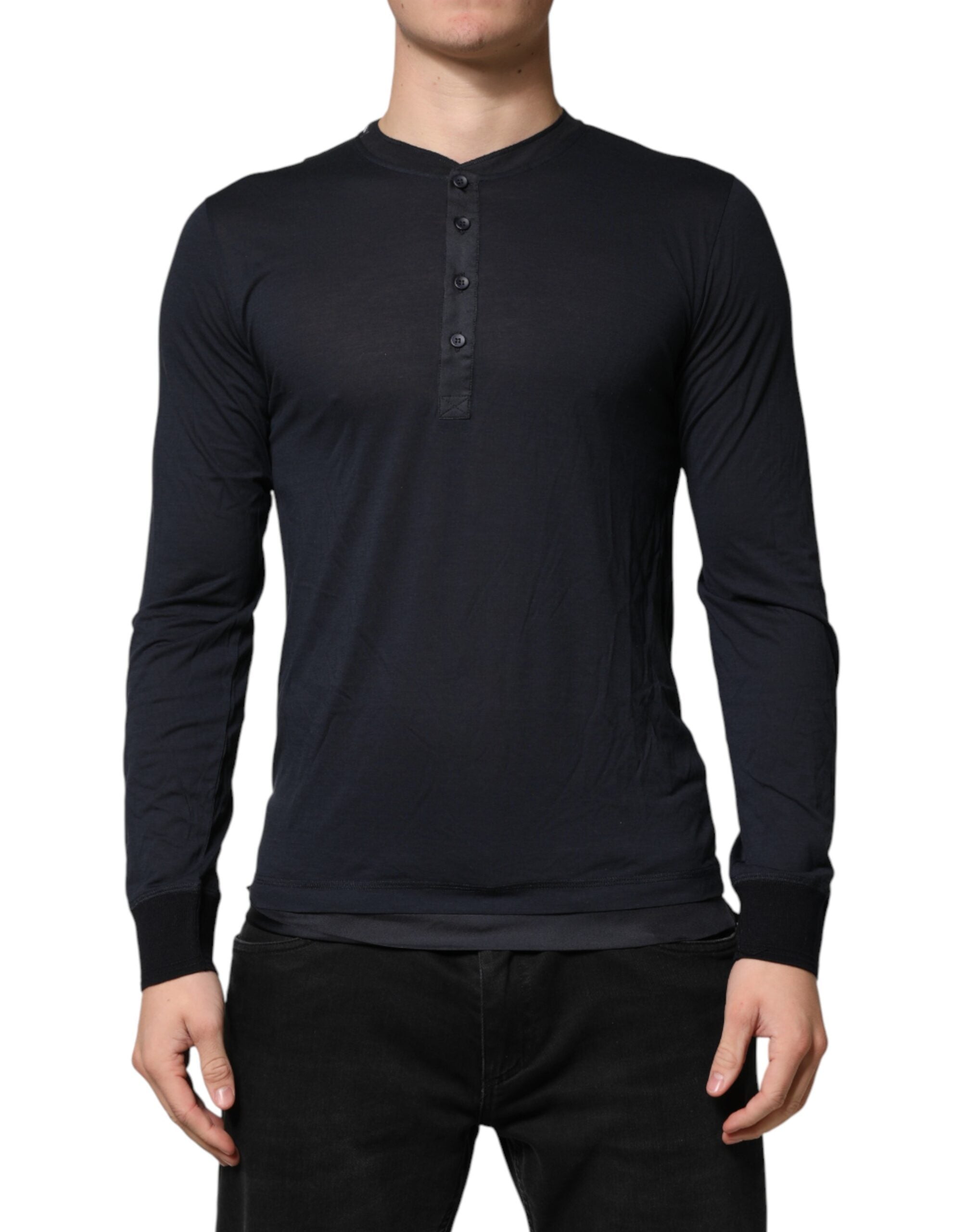 Dolce & Gabbana Dark Blue Cotton Henley Long Sleeves T-Shirt - Luxe Marca
