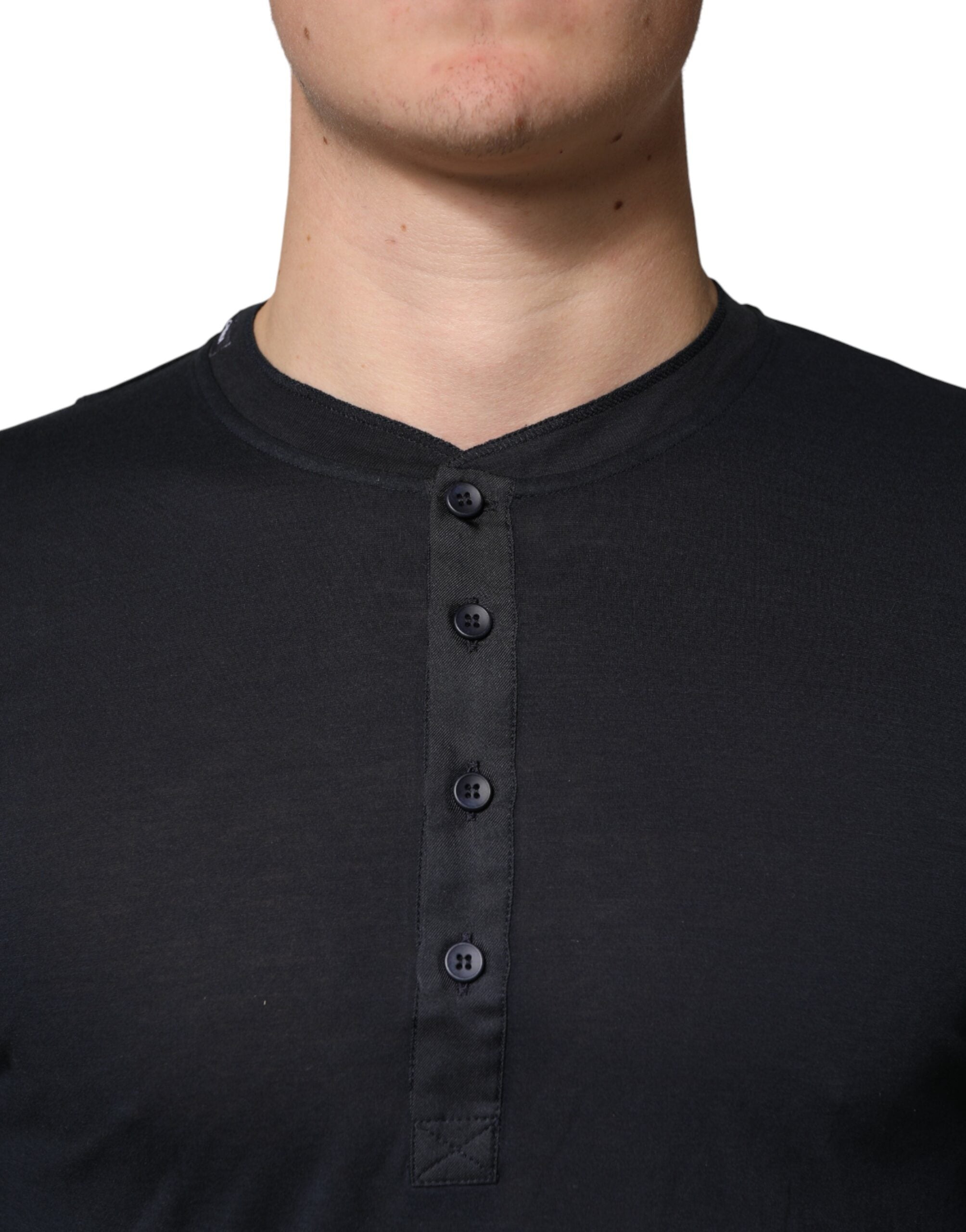 Dolce & Gabbana Dark Blue Cotton Henley Long Sleeves T-Shirt - Luxe Marca