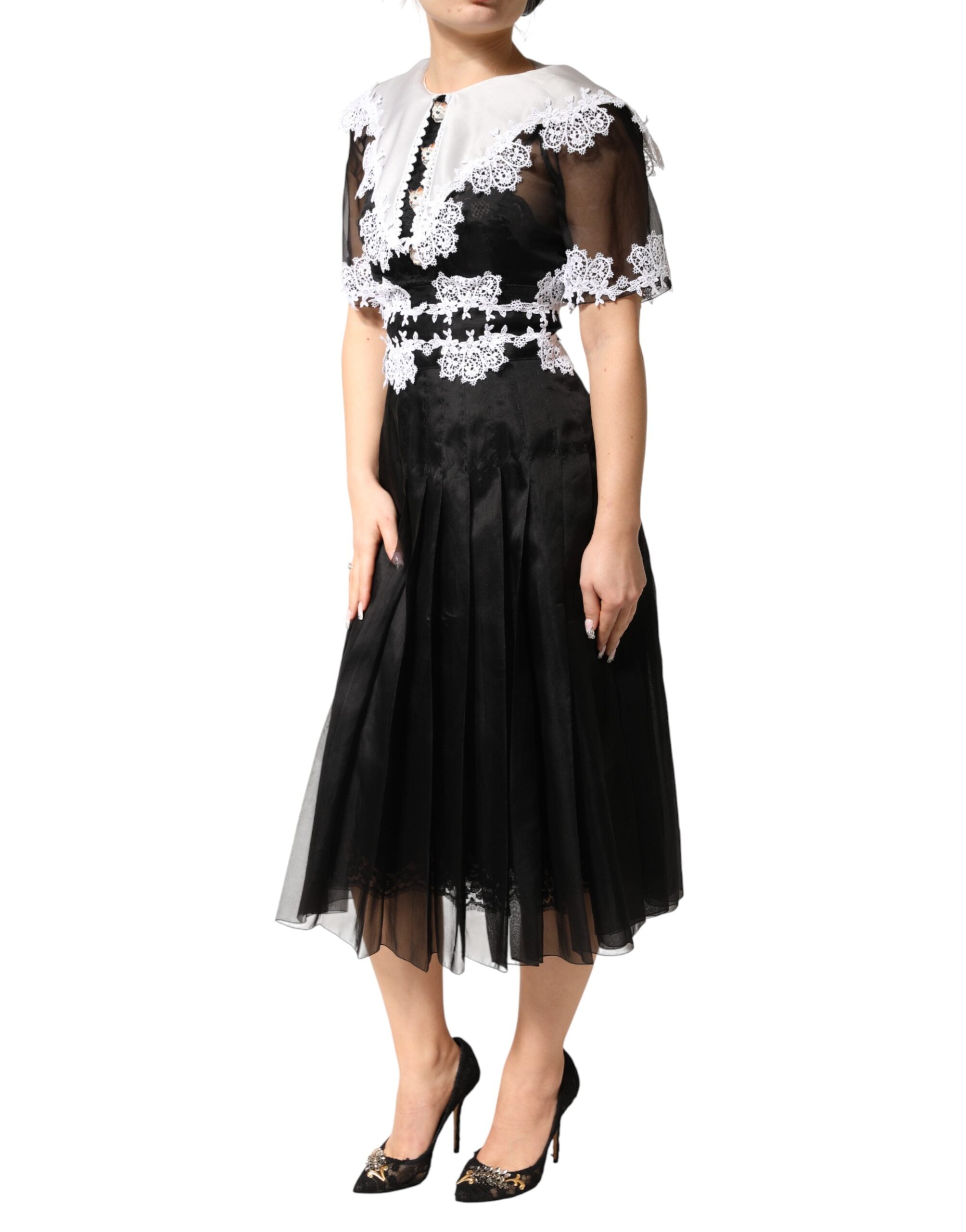 Dolce & Gabbana Black White Silk Macrame Lace Midi Dress