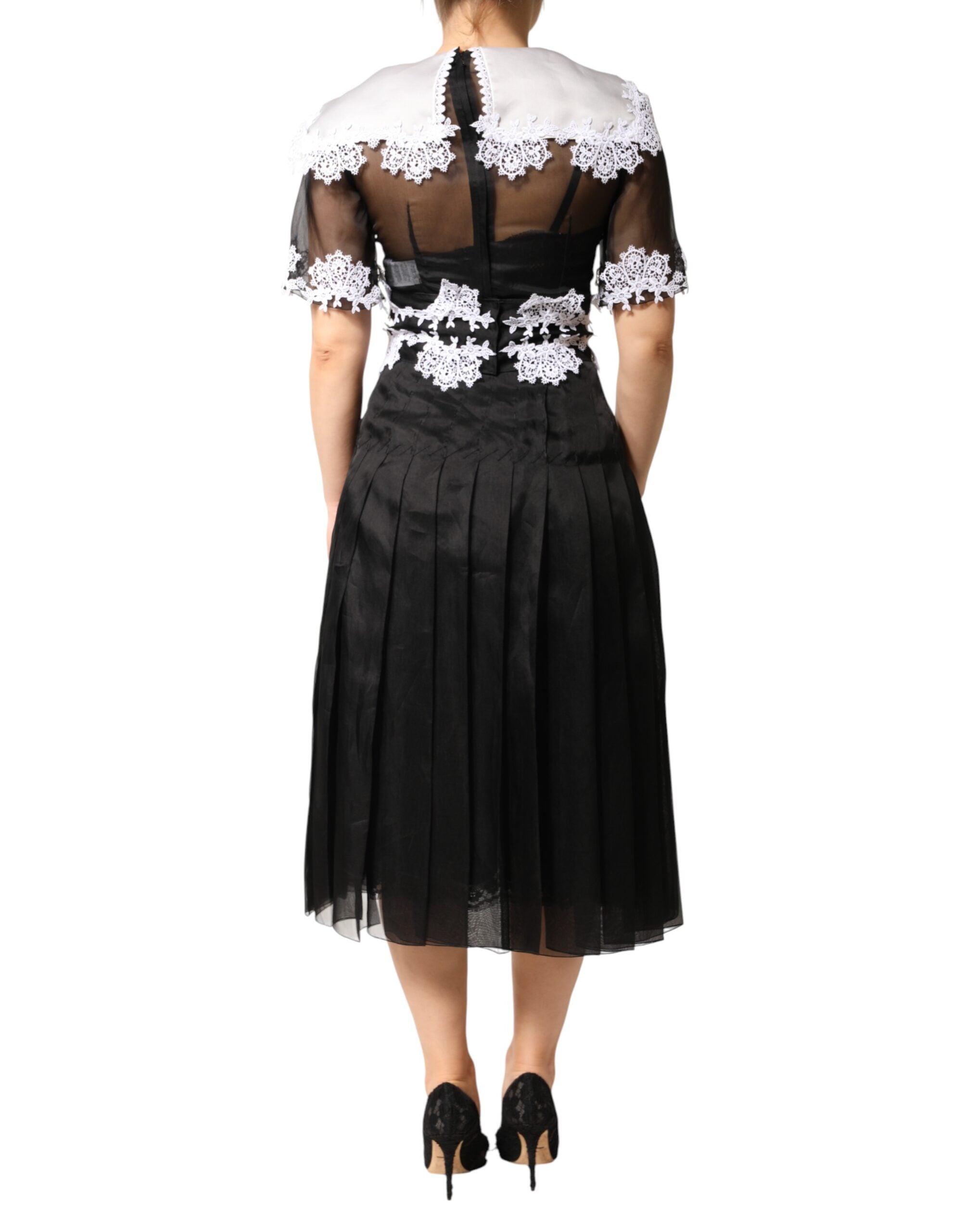 Dolce & Gabbana Black White Silk Macrame Lace Midi Dress