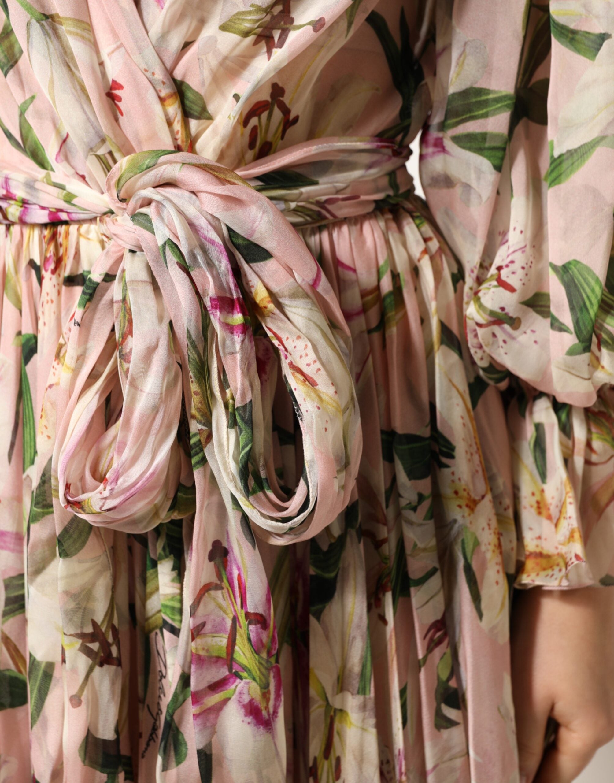 Dolce & Gabbana Pink Lily Print A-line Pleated Maxi Dress