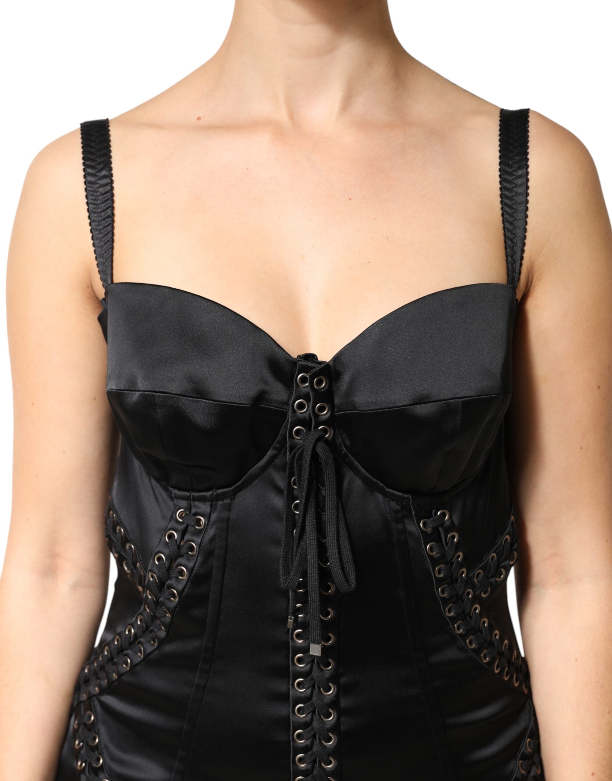 Dolce & Gabbana Black Satin Acetate Lace Eyelets Mini Dress - Luxe Marca