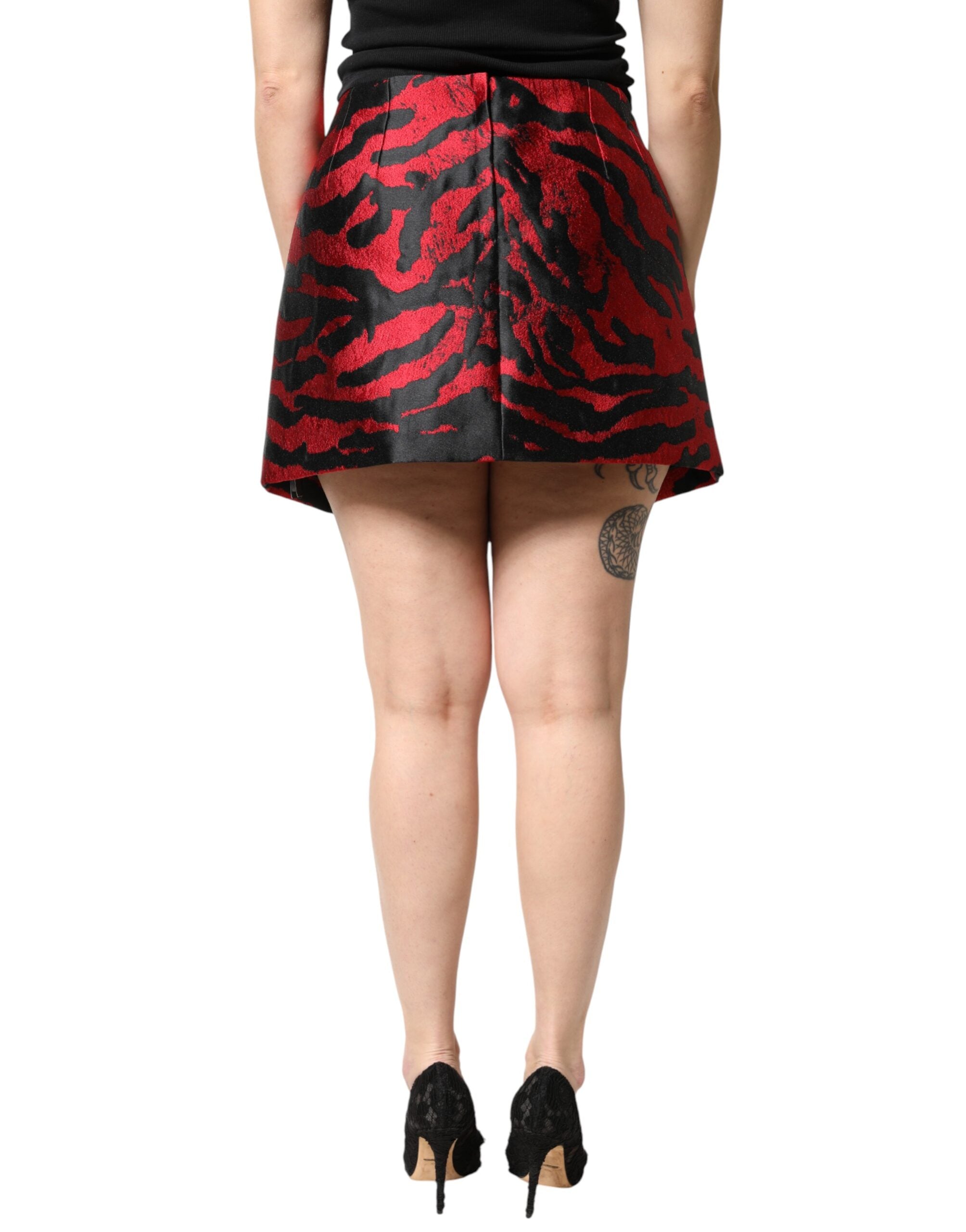 Dolce & Gabbana Black Red Jacquard High Waist Mini Skirt - Luxe Marca