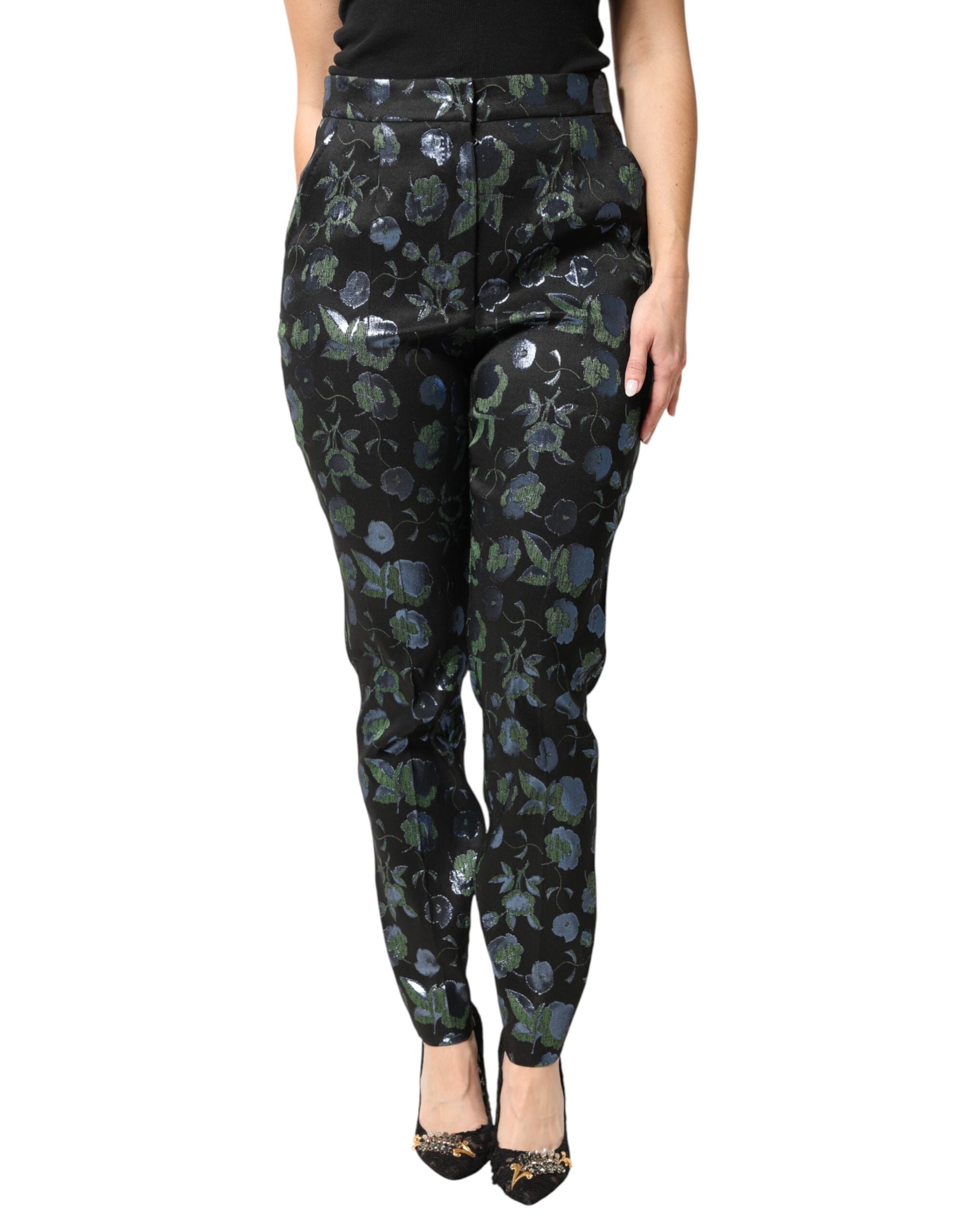 Dolce & Gabbana BlueGreen Floral Metallic Slim Trouser Pants - Luxe Marca