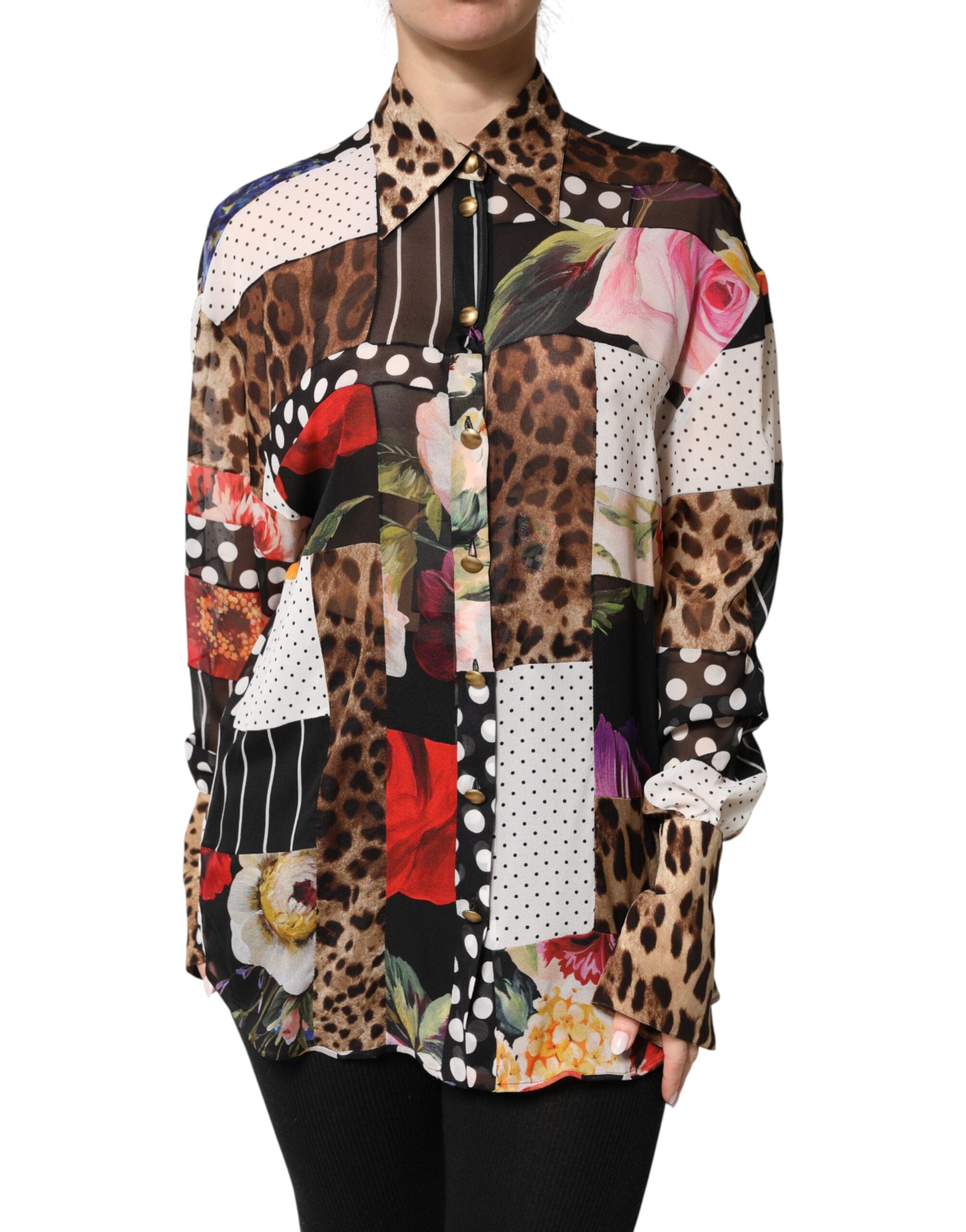 Dolce & Gabbana Multicolor Patchwork Silk CollaredBlouse Top