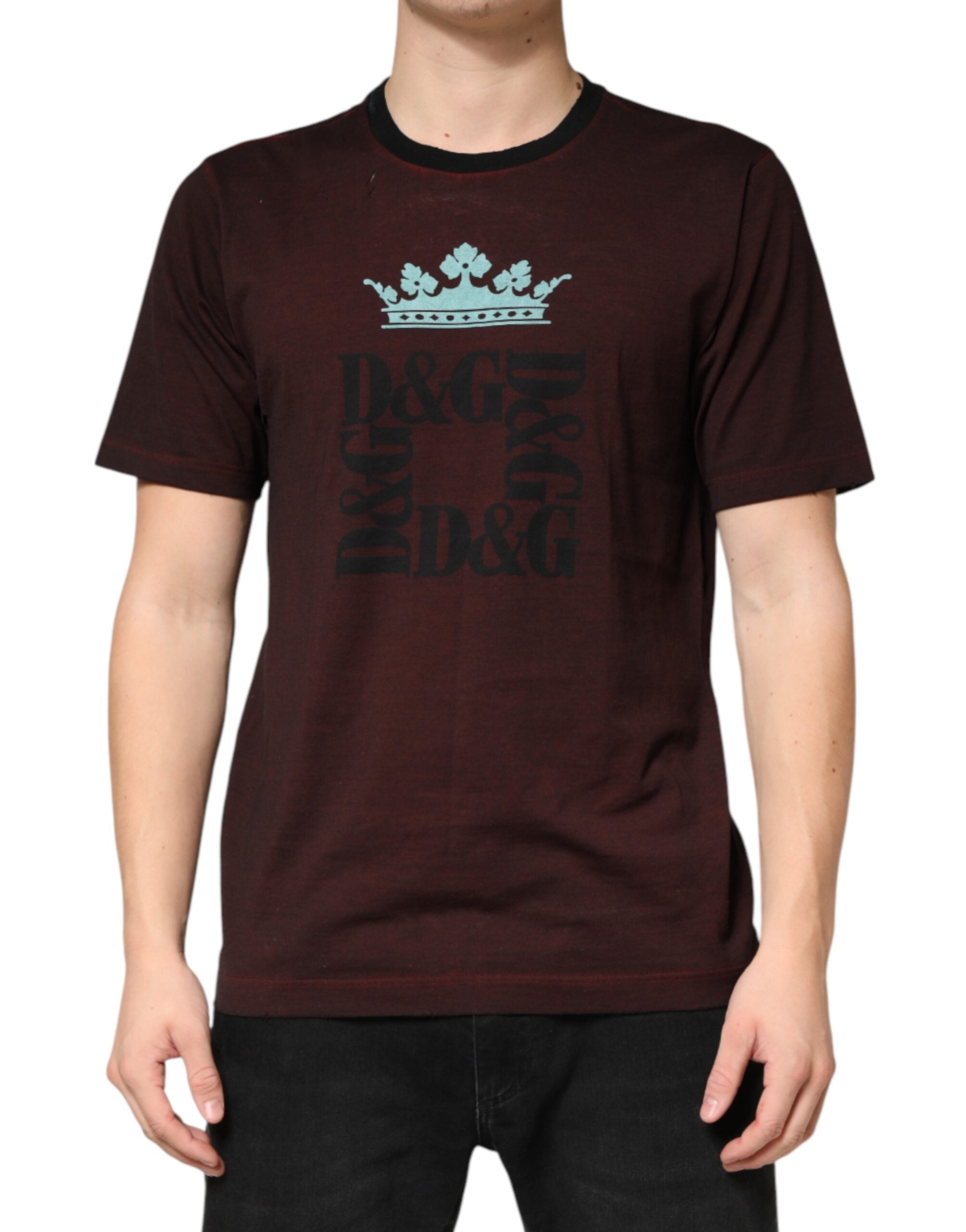 Dolce & Gabbana Maroon DG Crown Cotton Crew Neck Men T-shirt