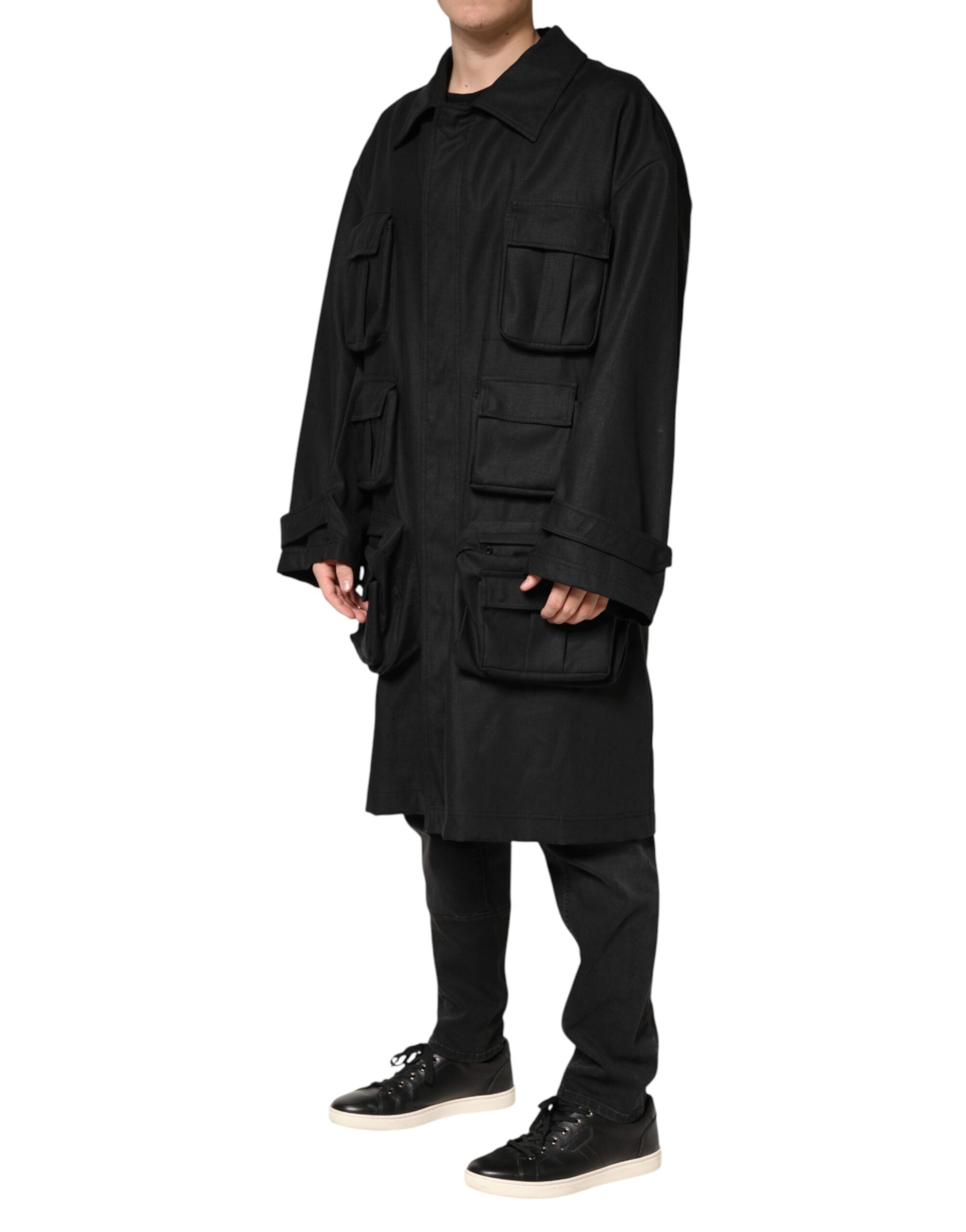 Dolce & Gabbana Black Pockets Collared Trench Coat Jacket - Luxe Marca