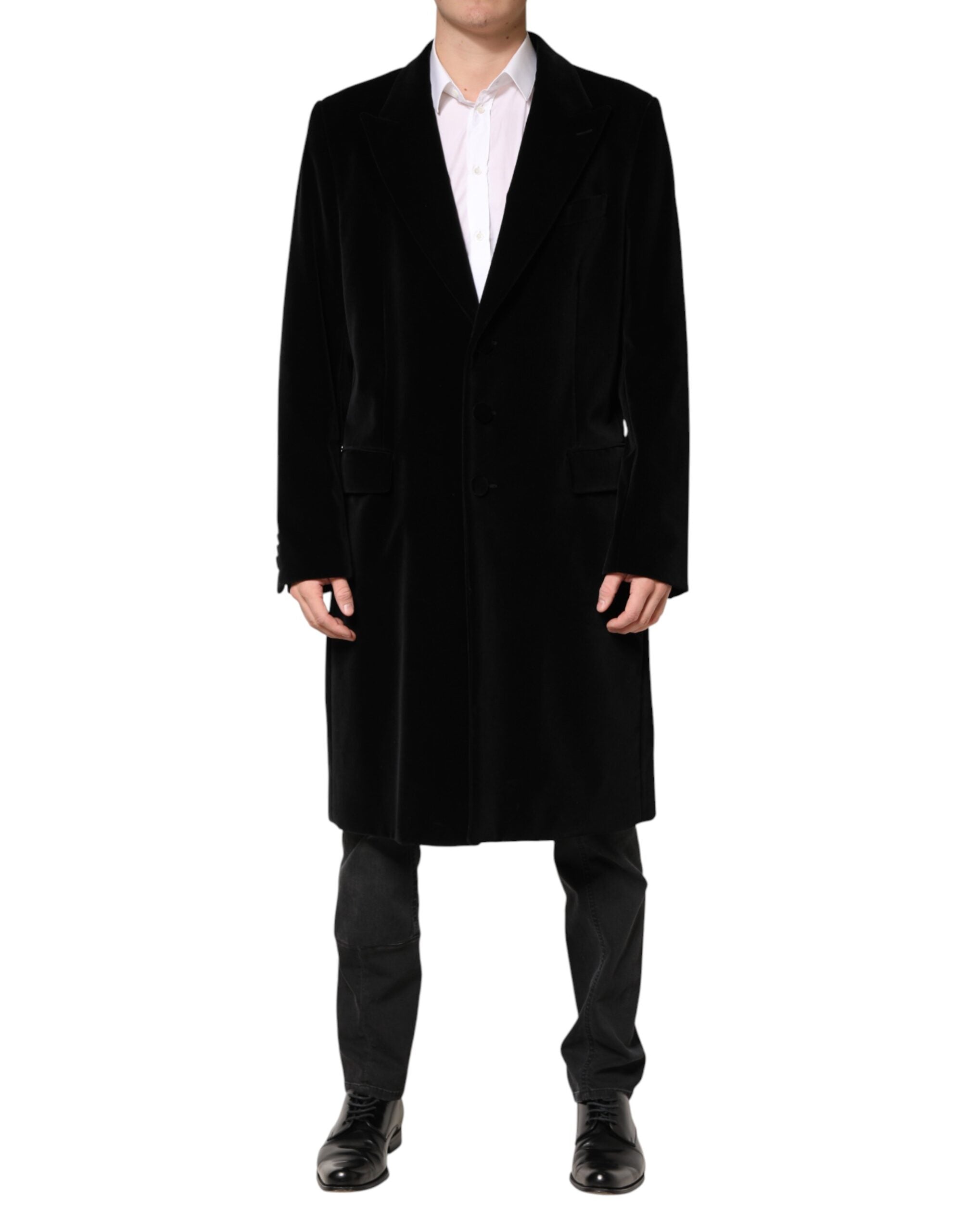 Dolce & Gabbana Black Cotton Velvet Long Trench Coat Jacket - Luxe Marca
