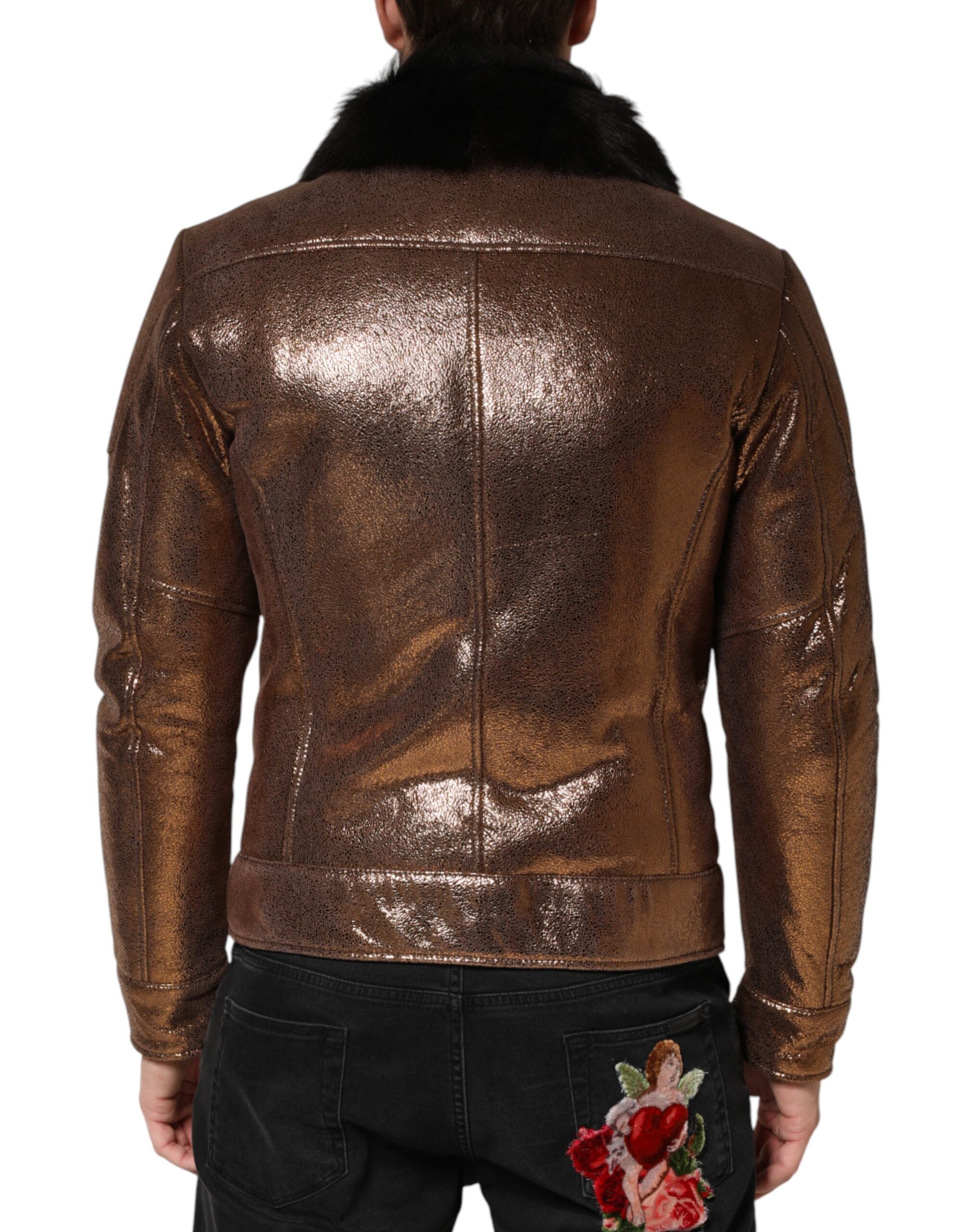 Dolce & Gabbana Bronze Leather Fur Full Zip Men Biker Jacket - Luxe Marca