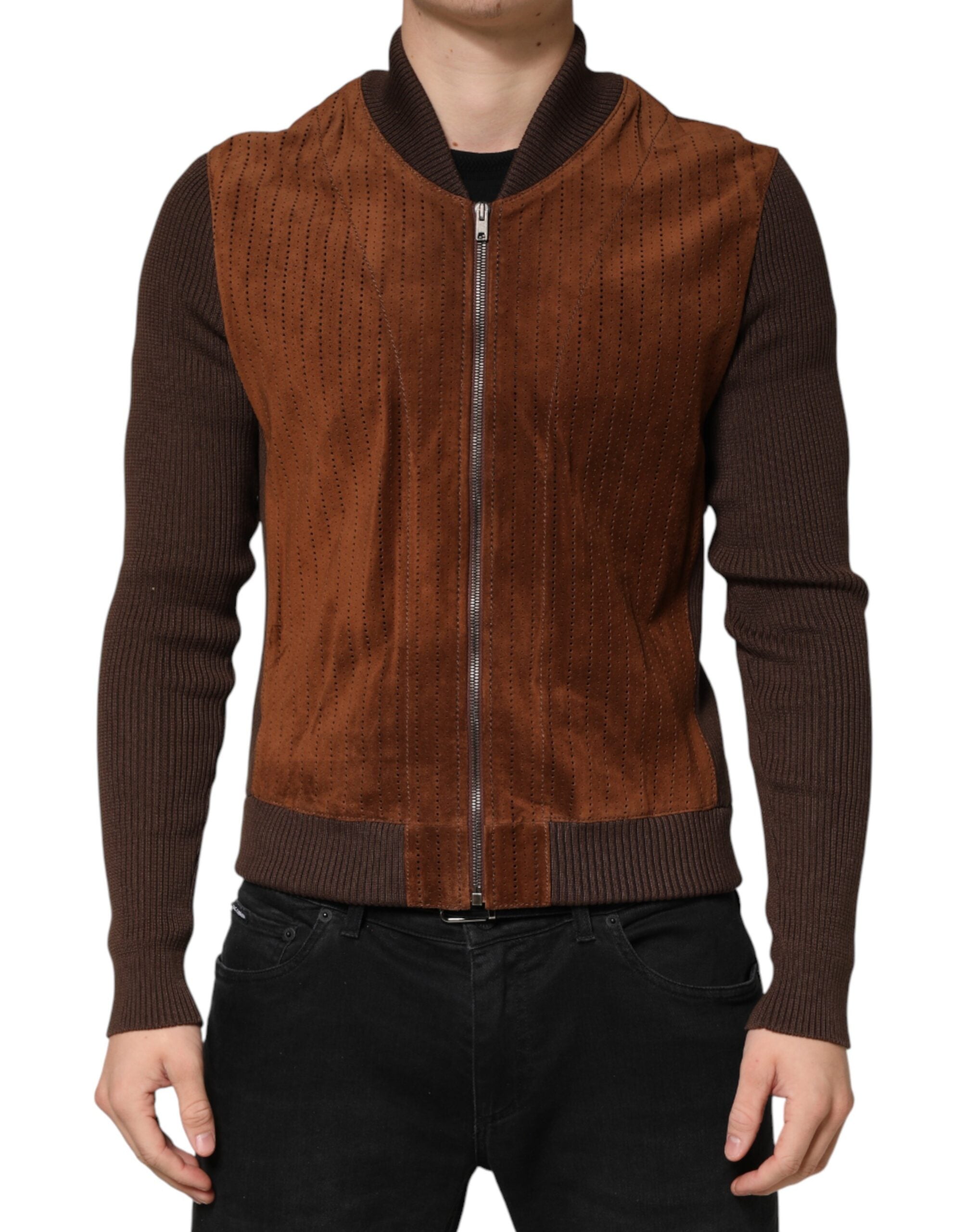 Dolce & Gabbana Brown Velvet Calfskin Full Zip Biker Jacket - Luxe Marca