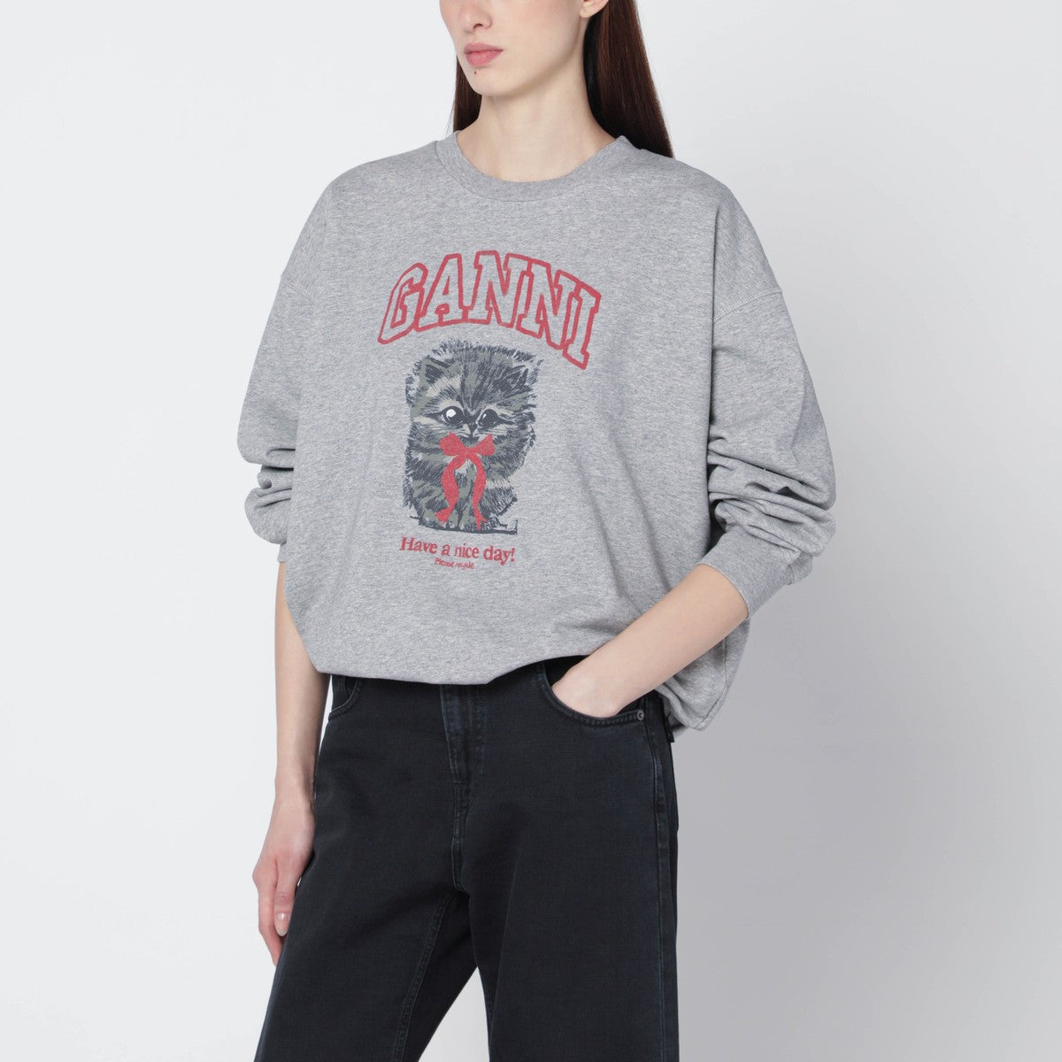 Ganni GANNI Grey Kitty sweatshirt with logo print