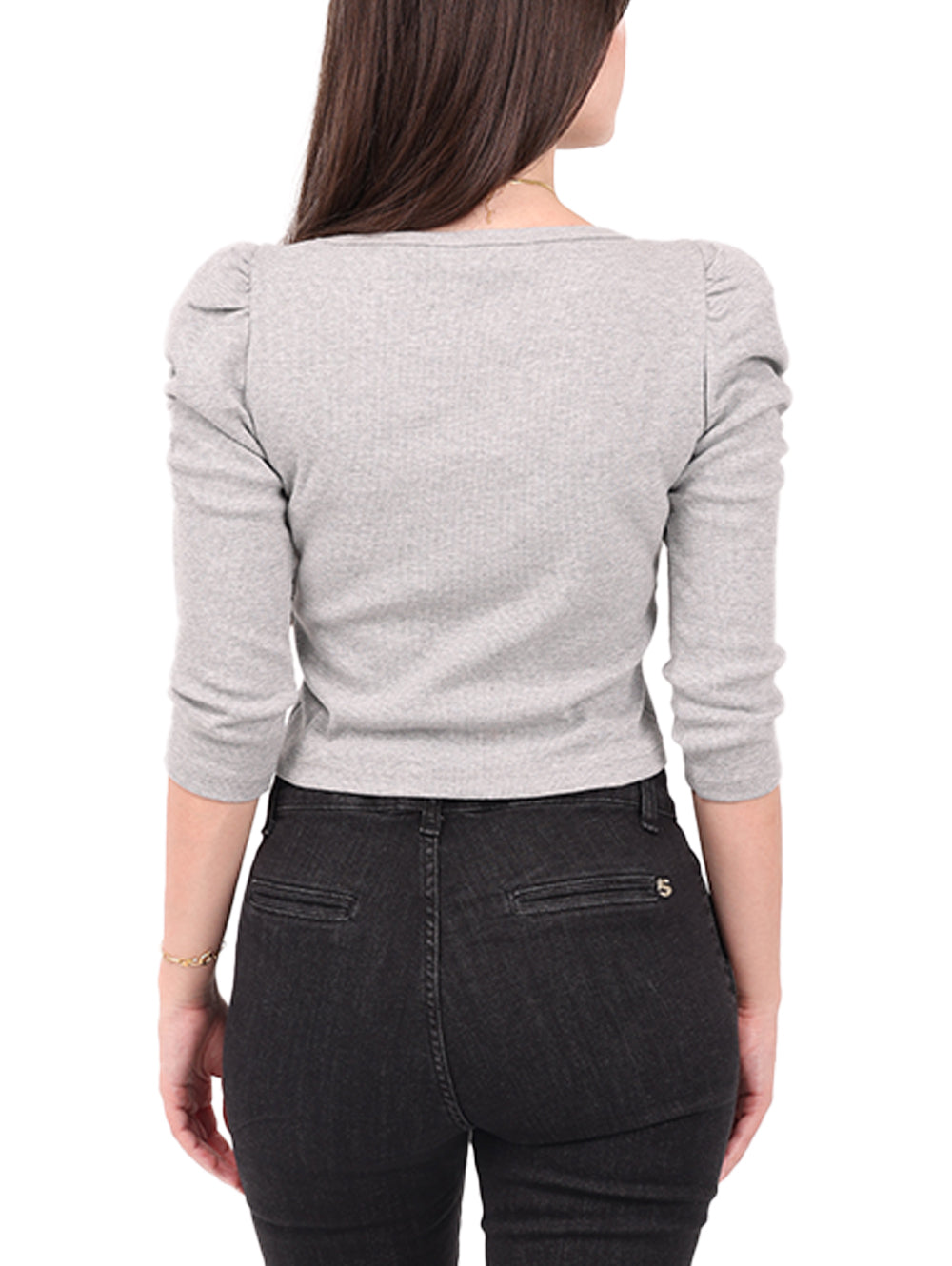 Sallure Grey Puff Sleeve Crop Top back view