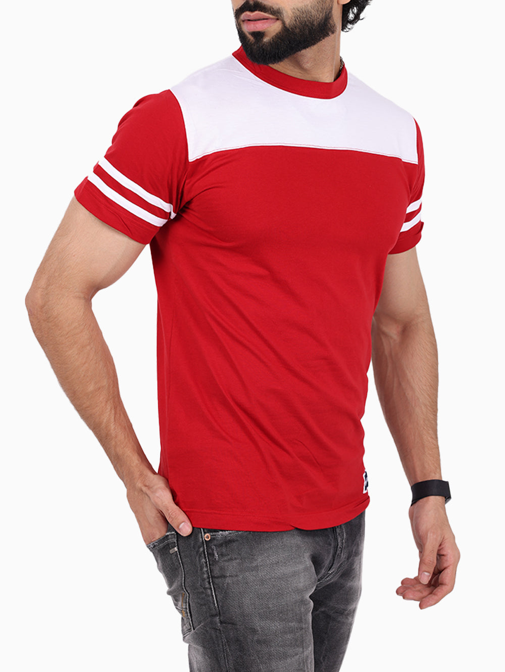Squadra Navale red and white panel men's t-shirt on model side view