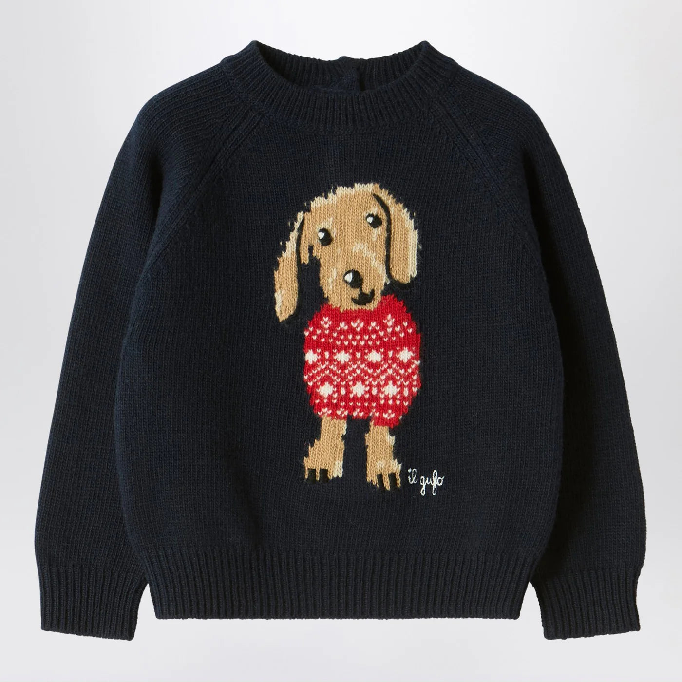 Il Gufo Blue wool sweater with dachshund