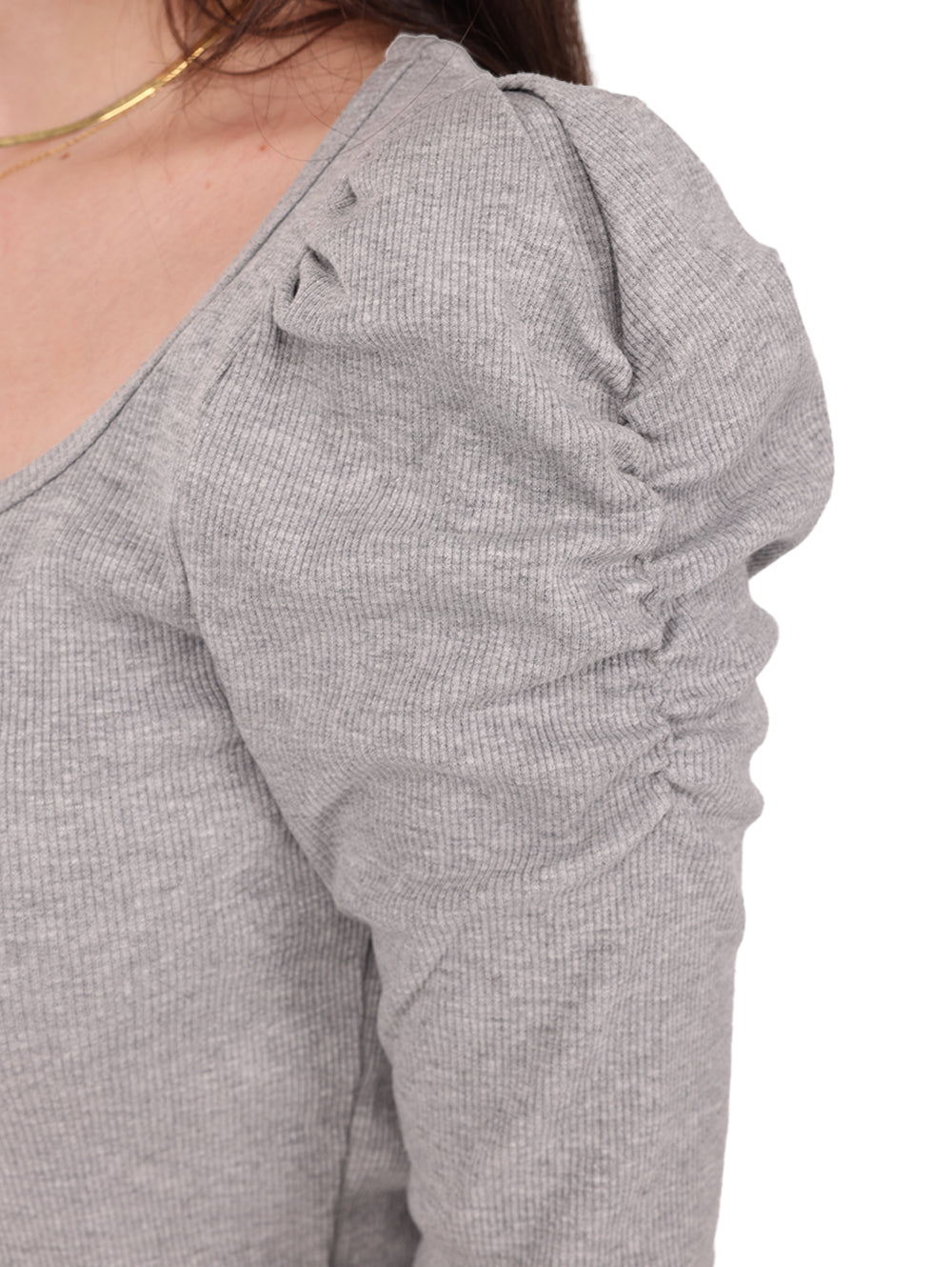 Sallure Grey Puff Sleeve Crop Top ruched sleeve detail