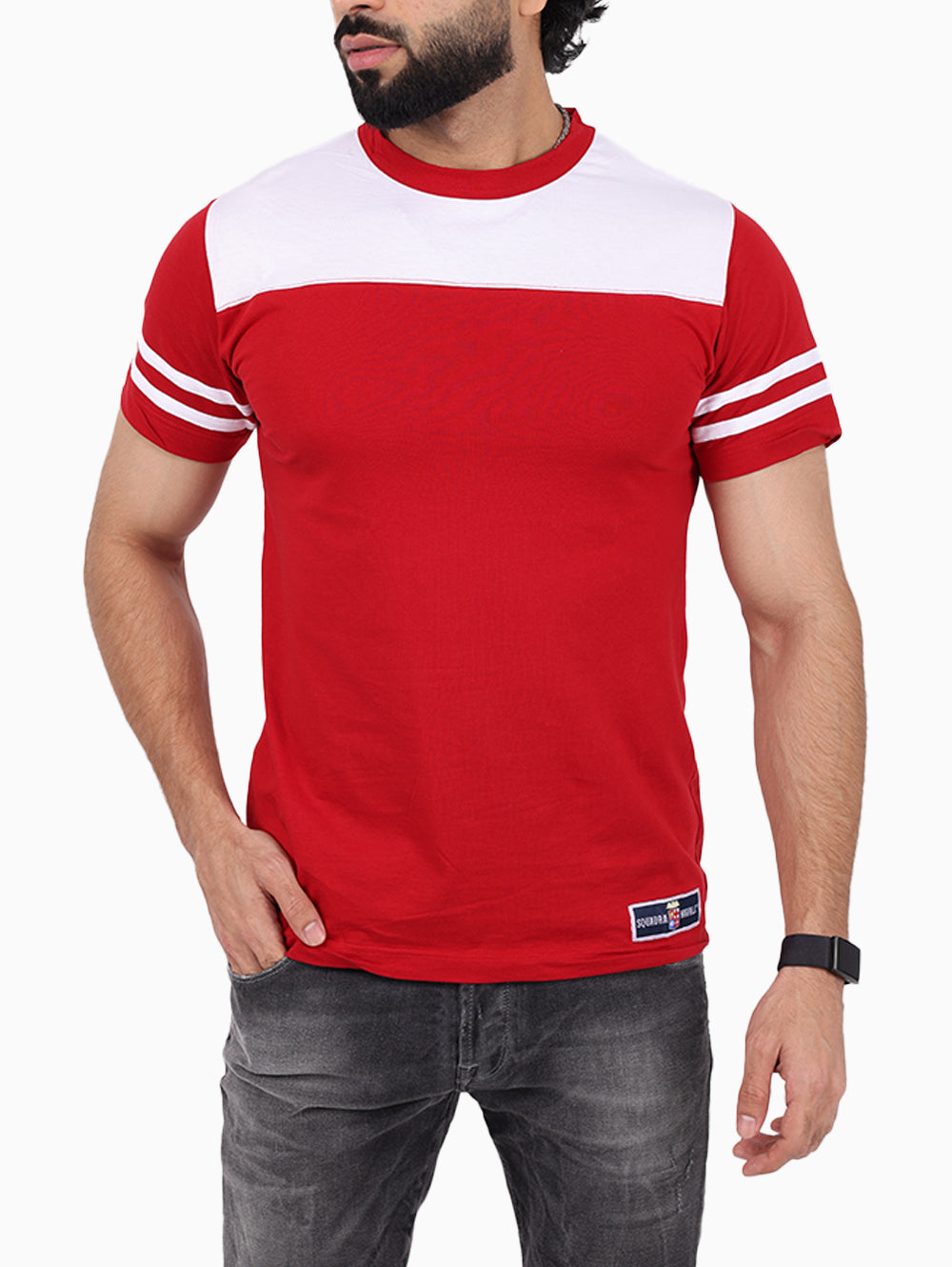 Squadra Navale red and white panel men's t-shirt on model front