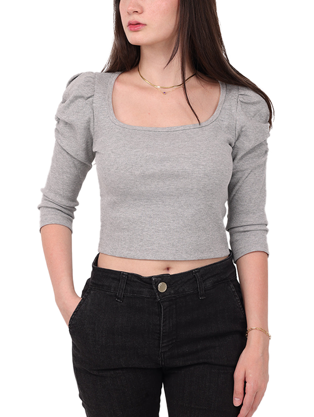 Sallure Grey Puff Sleeve Crop Top front angled view
