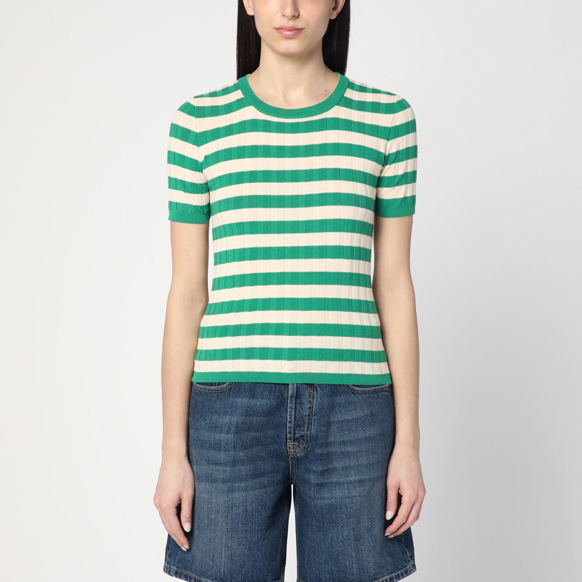 Roberto Collina Roberto Collina Green/ivory striped sweater in cotton