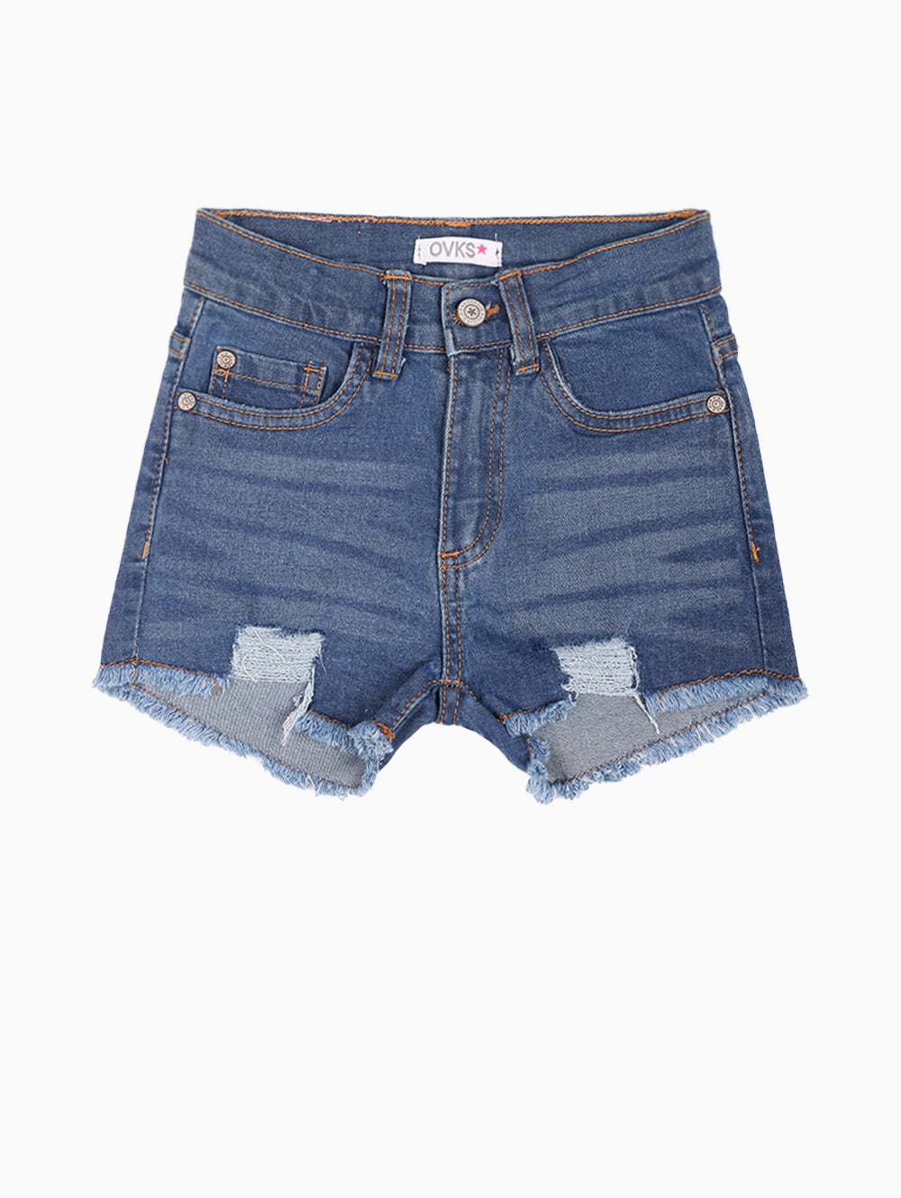 Front view of OVKS denim shorts for girls – distressed blue with frayed hems.