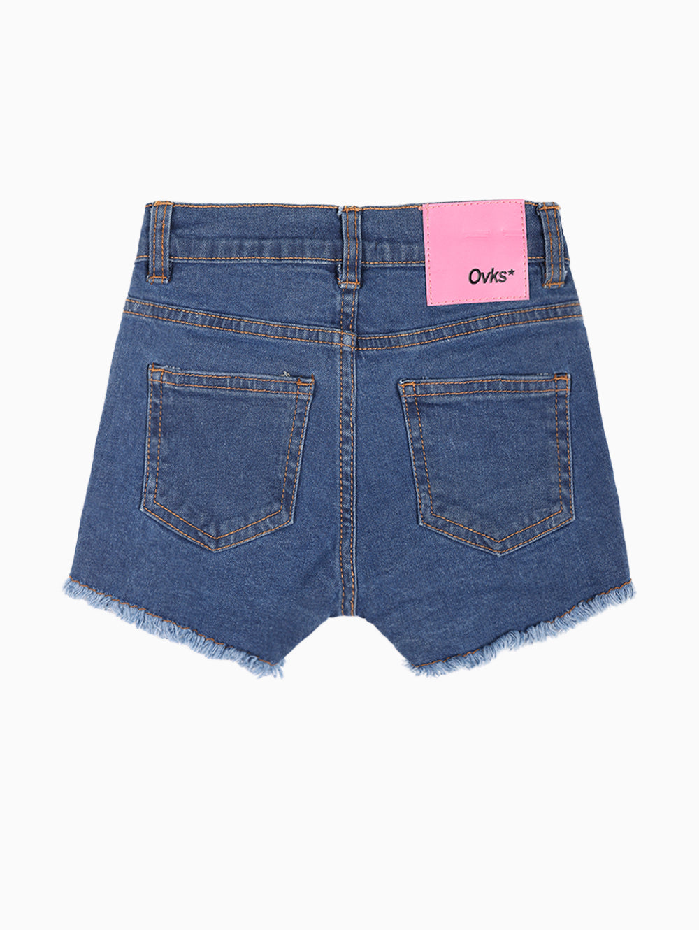 Close-up of OVKS girls denim shorts pocket and button details.
