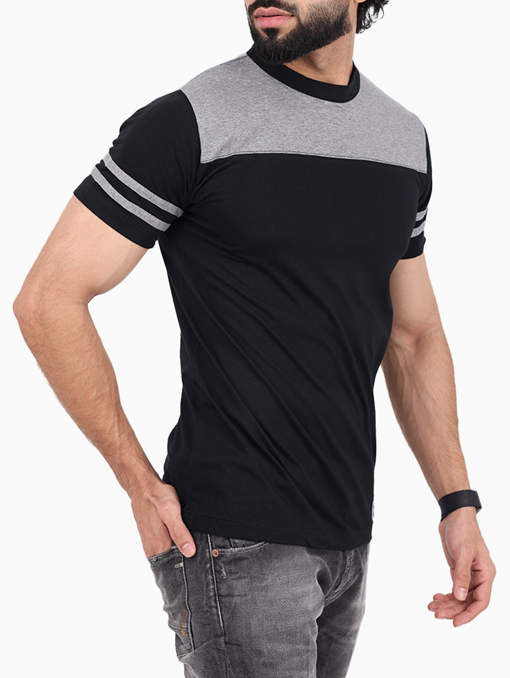 SQUADRA NAVALE Black & Grey Contrast T-Shirt with Striped Sleeves