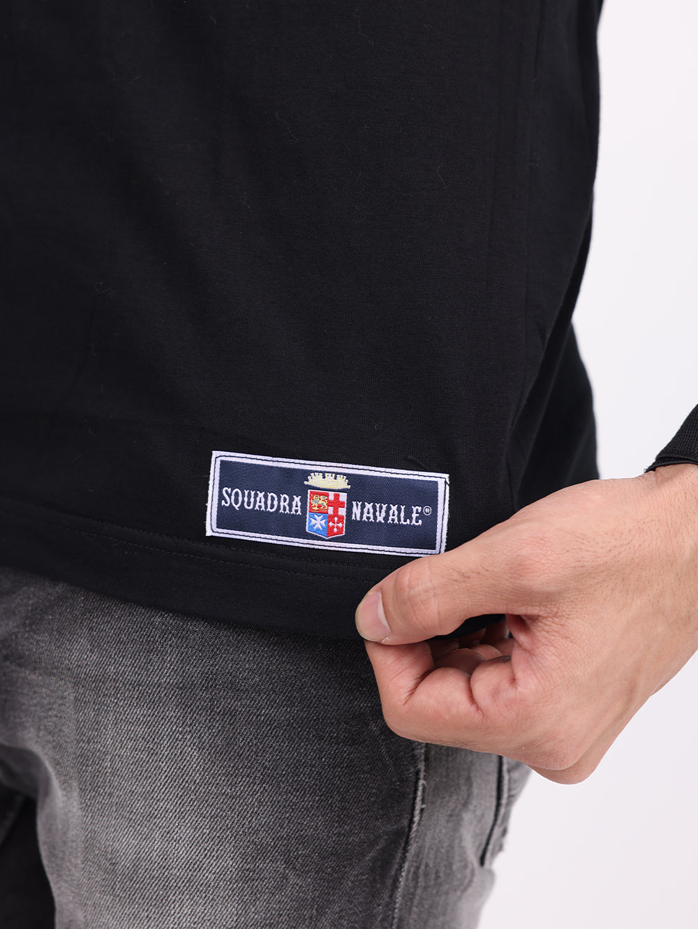 SQUADRA NAVALE Black & Grey Contrast T-Shirt with Striped Sleeves