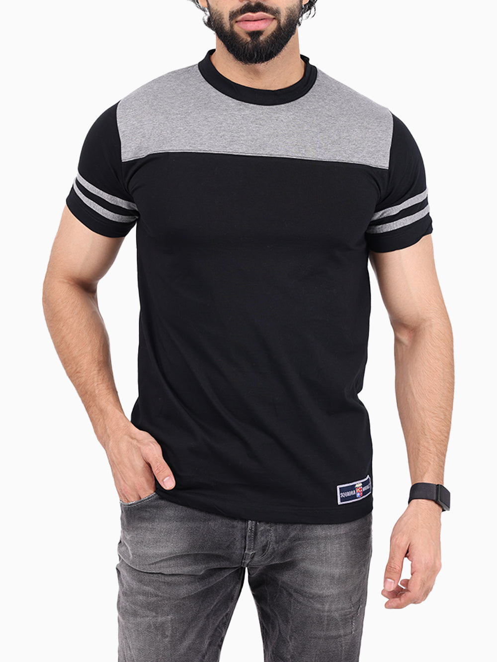 SQUADRA NAVALE Black & Grey Contrast T-Shirt with Striped Sleeves