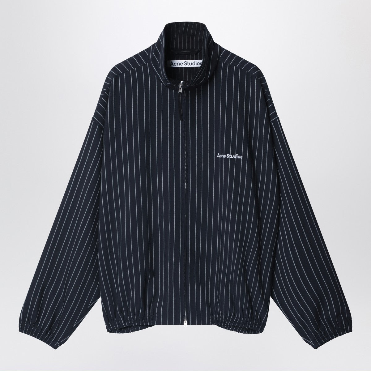 Acne Studios Navy blue zip-up jacket with pinstripe pattern