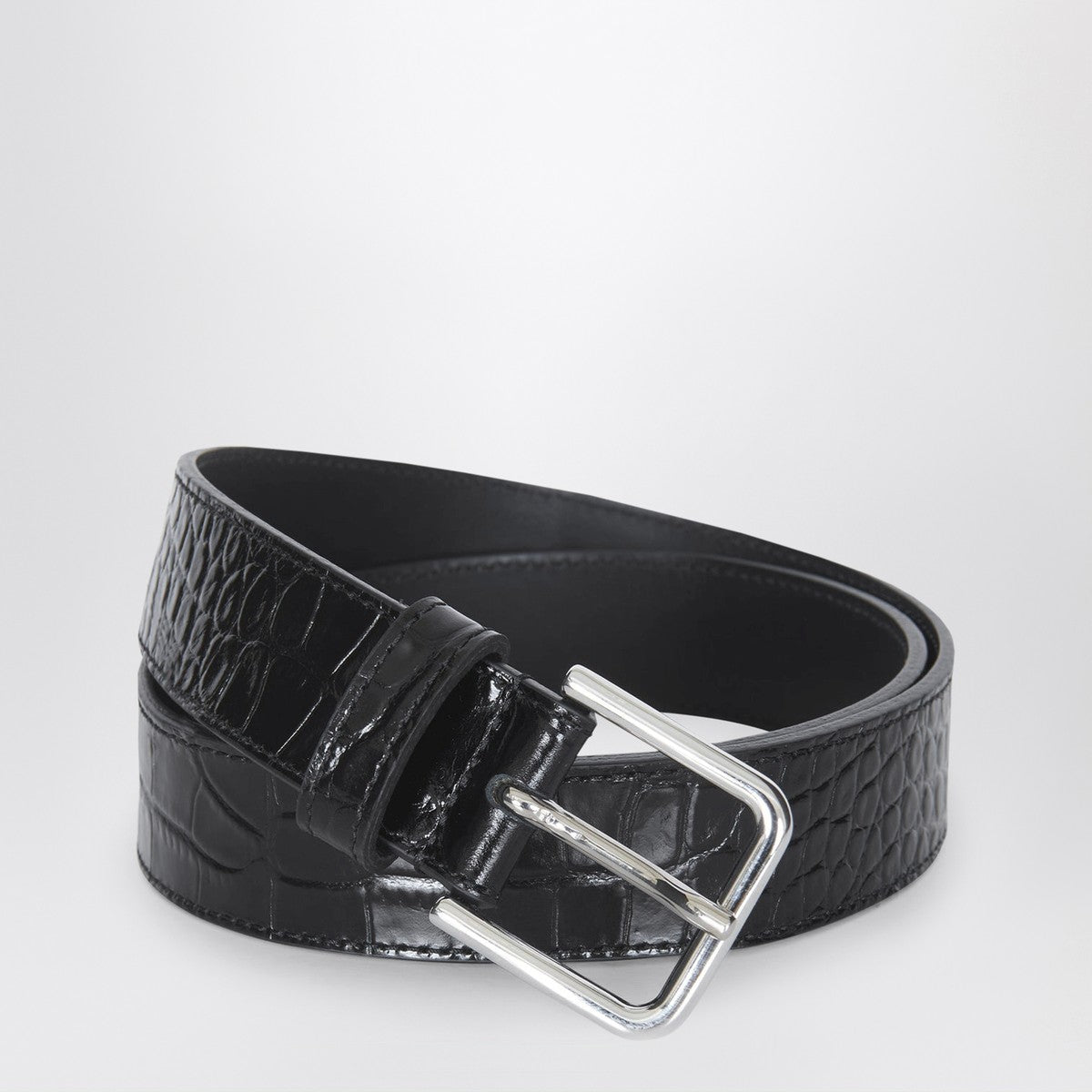 The Frankie Shop Toni Croc belt in black patent leather with silver-tone hardware