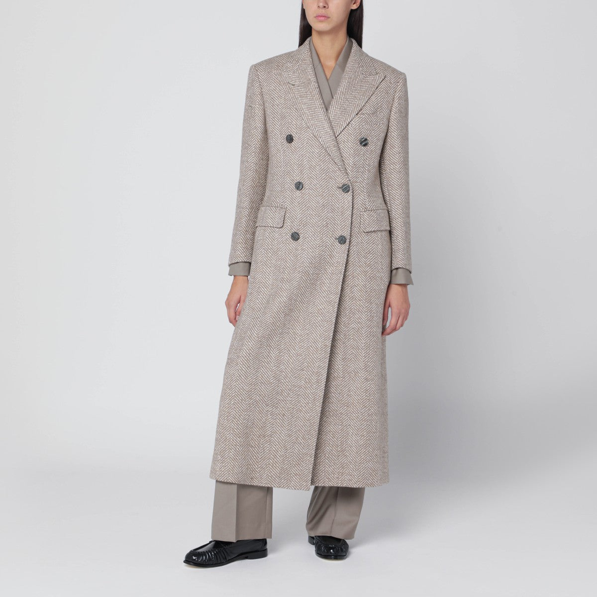 Tagliatore Tagliatore Beige double-breasted herringbone coat