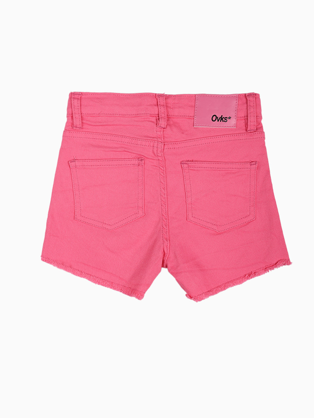 Back view of OVKS pink denim shorts for girls with frayed hem.