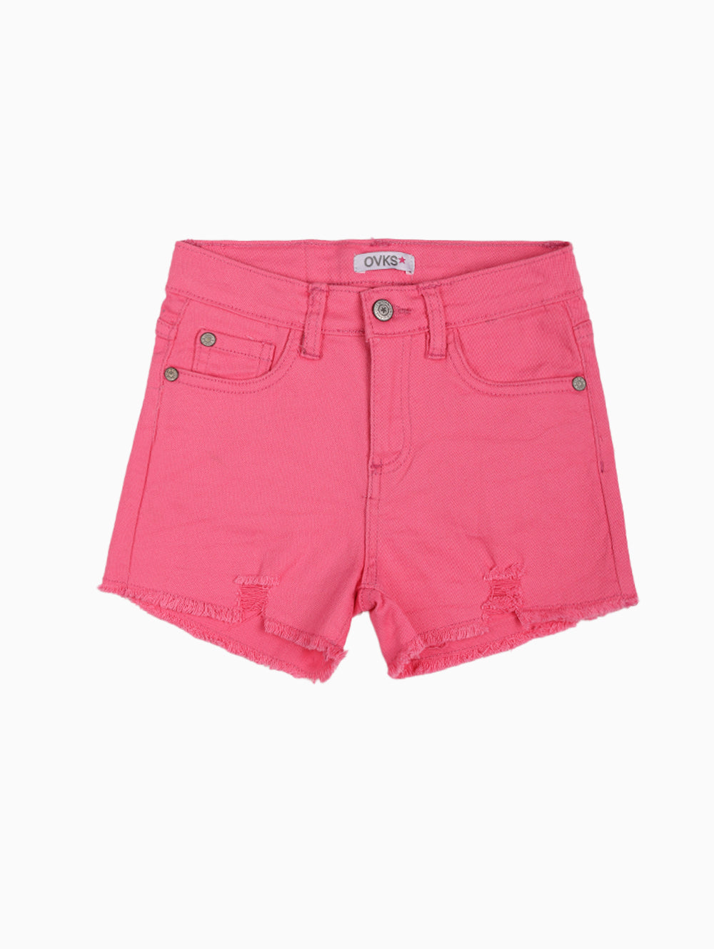 Front view of OVKS pink denim shorts showing pockets and distress details.
